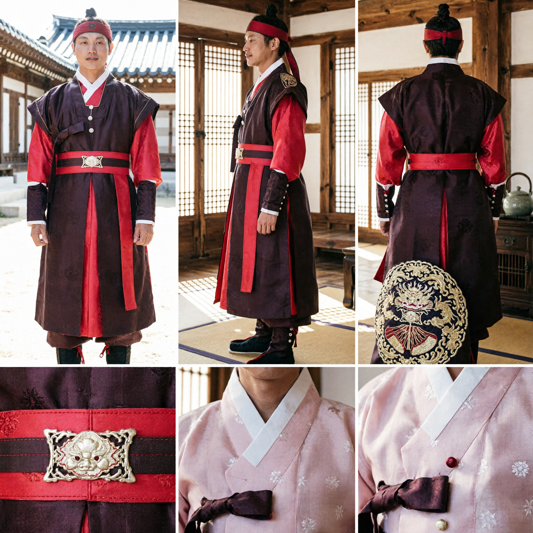 Men's Korean Traditional Hanbok Costume Red and Brown Nobleman Outfit for Wedding or Performance - Asian Costume