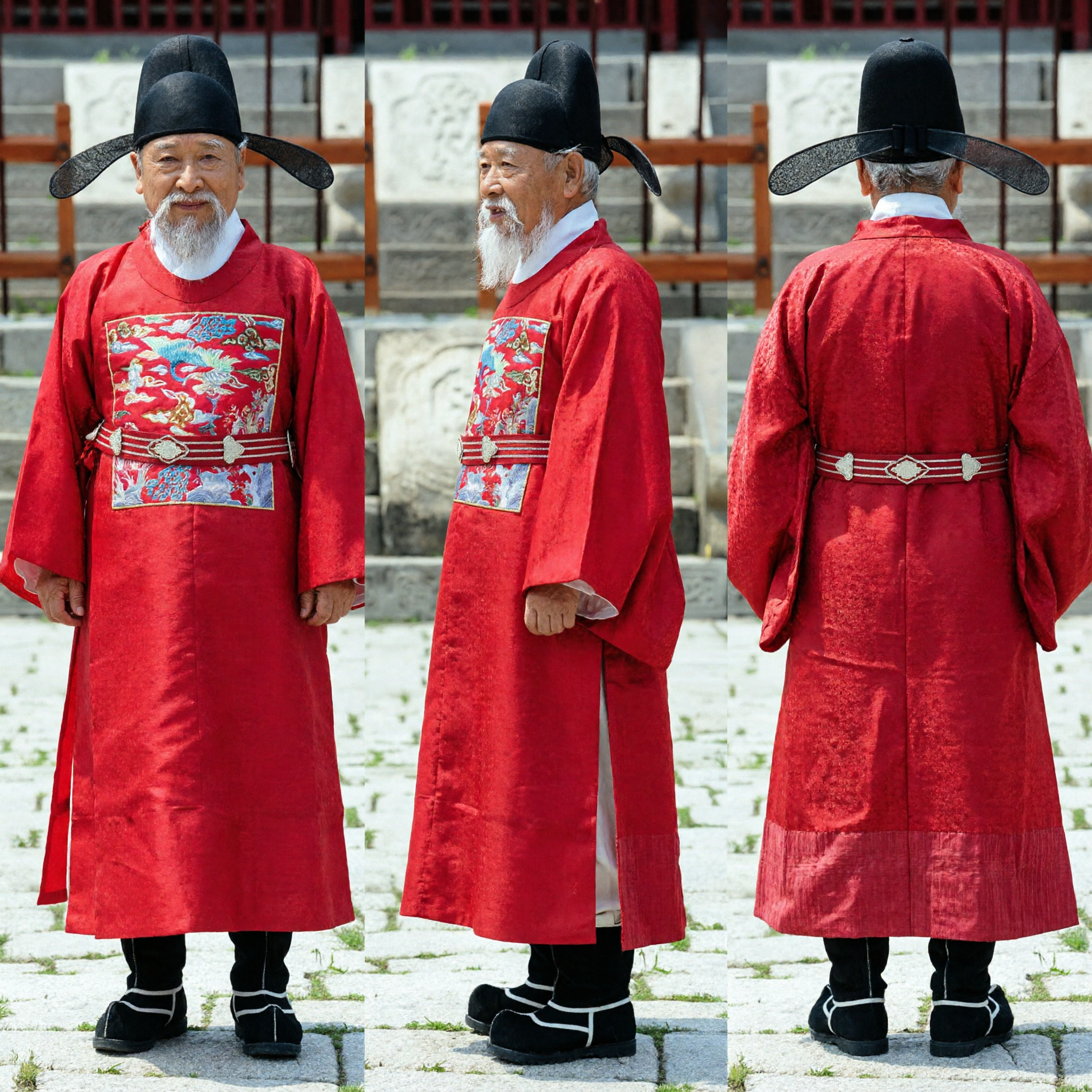 Robe Hanbok Officielle Rouge Traditionnelle pour Hommes avec Patch Poitrine Brodé, Costume de Marié pour Mariage - Asian Costume