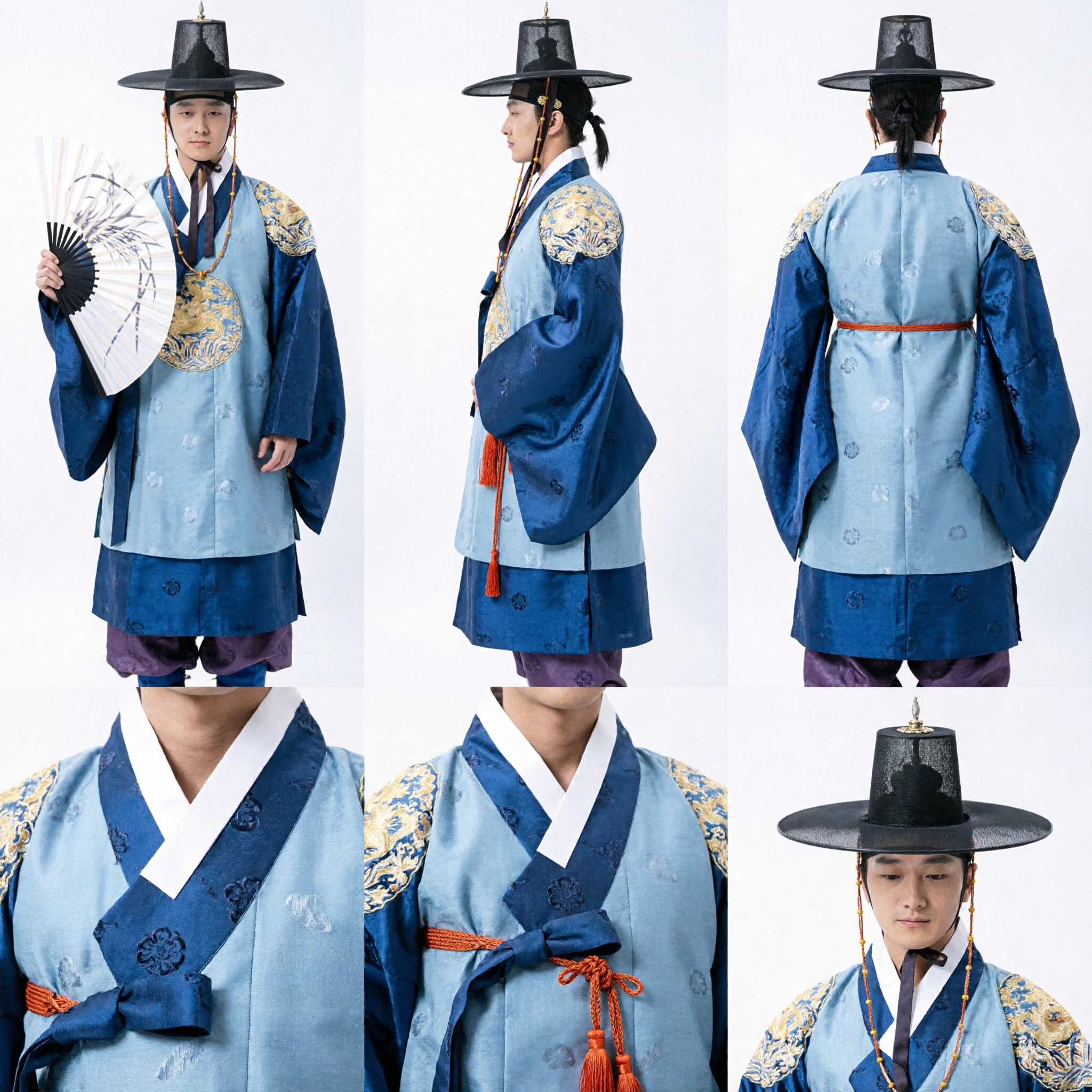 Tradycyjny koreański kostium Hanbok uczonego dla mężczyzn z czarnym kapeluszem Gat i wachlarzem na występy sceniczne - Asian Costume
