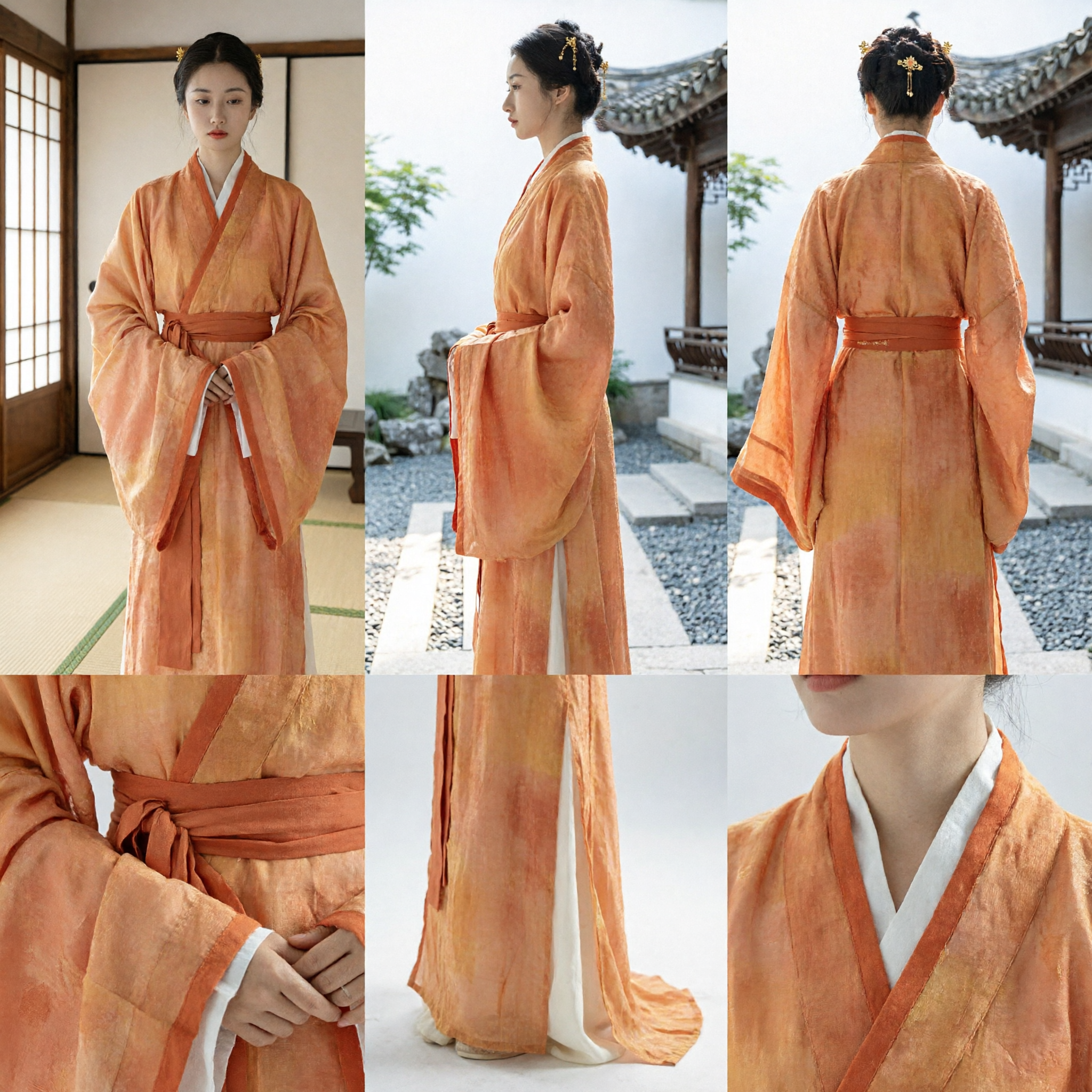 Elegante Hanfu Naranja Degradado Traje Antiguo Tradicional Chino Túnica Cruzada para Mujeres en Recreación Histórica - Asian Costume