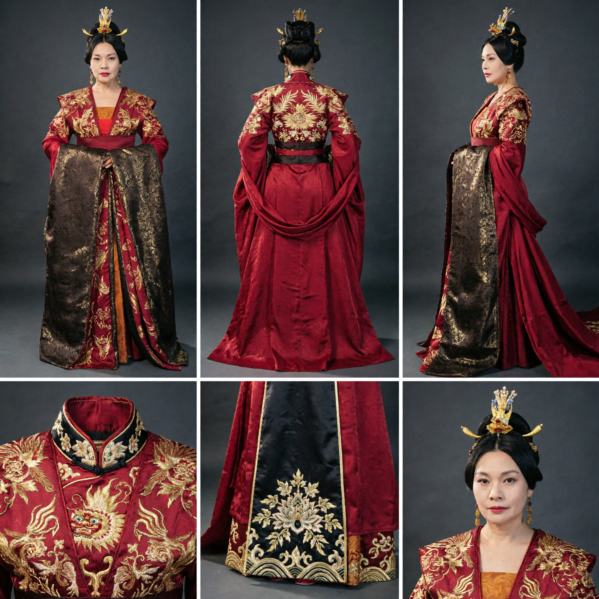 전통 중국 고대 궁궐 황후 한푸 의상 빨간색 금색 자수 로열 퀸 드레스 여성용 - Asian Costume