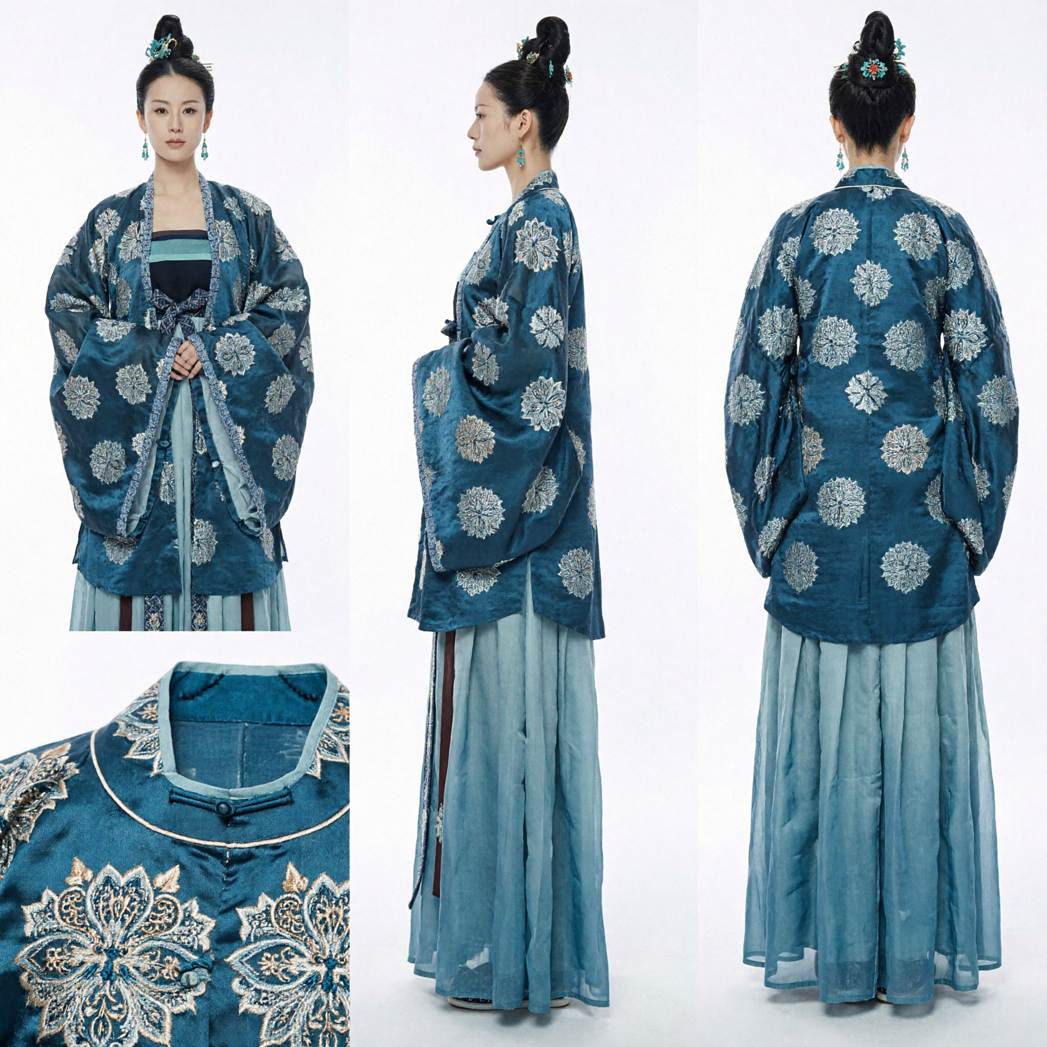 Traditionelles chinesisches Hanfu-Antikkostüm, türkisfarbenes Blumenkleid mit weiten Ärmeln für Damen, historische Fotografie und Cosplay - Asian Costume