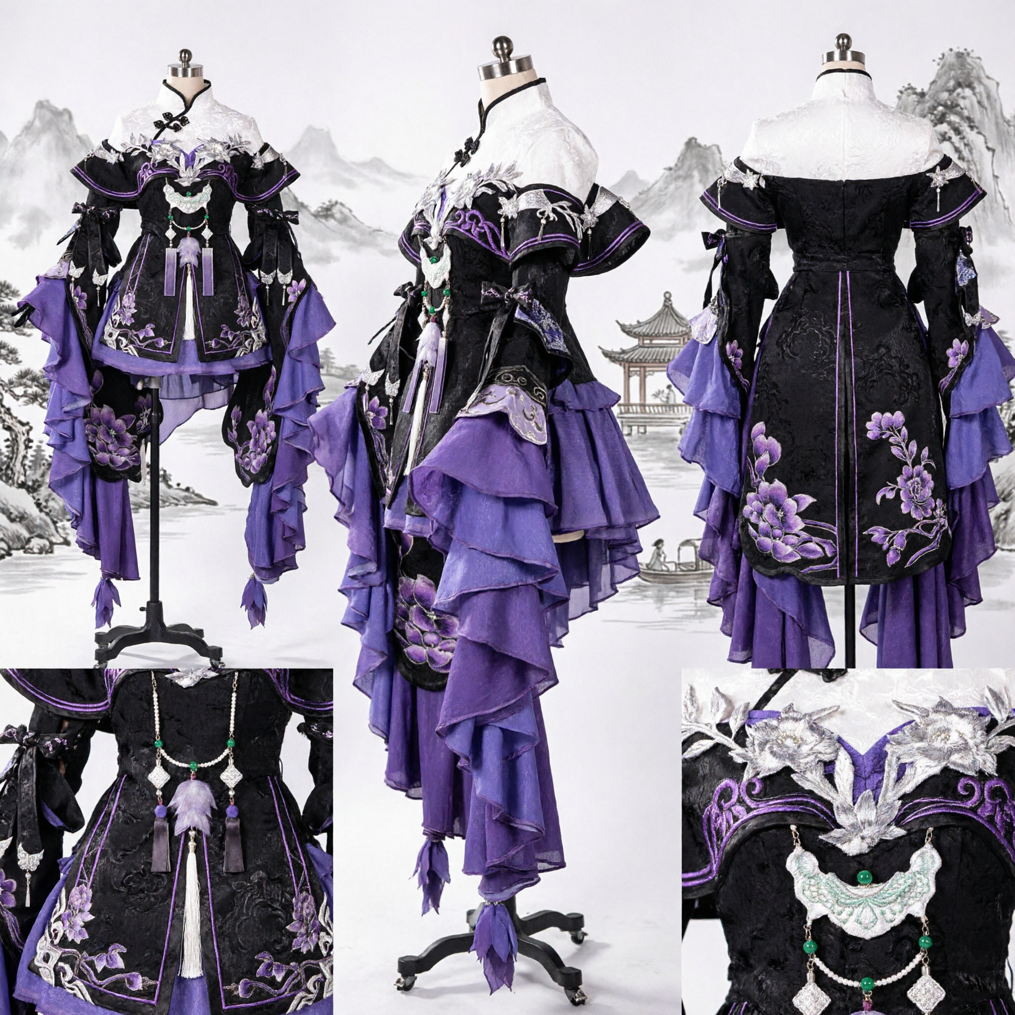 Oud Chinees Traditioneel Hanfu-kostuum Paars Zwart Borduurwerk Wuxia Zwaardvechtster Outfit voor Vrouwen Cosplay Podiumoptreden - Asian Costume