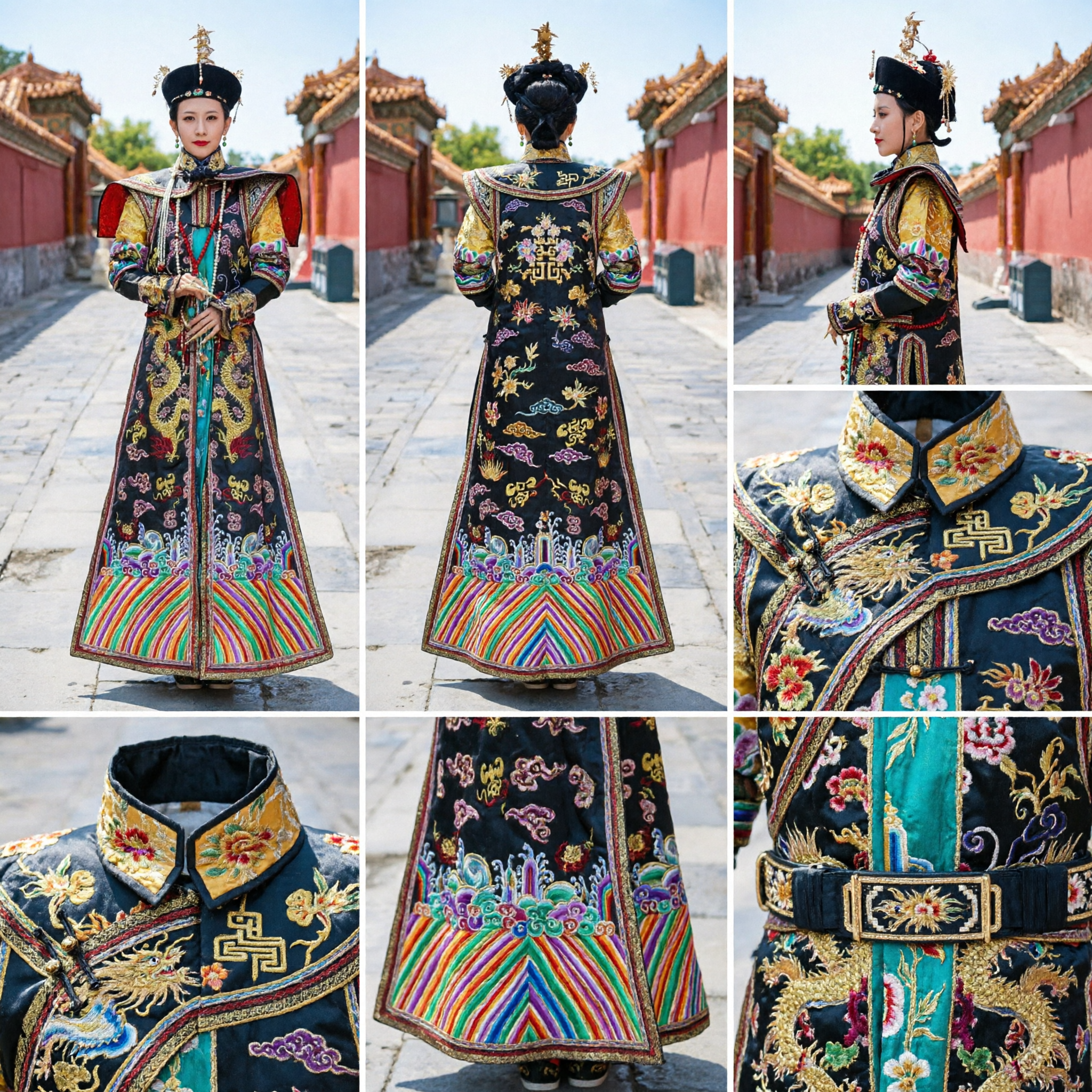 Robe de Dragão de Imperatriz da Dinastia Qing Tradicional Chinês Traje da Corte Bordado Preto Vestido Histórico para Mulheres - Asian Costume