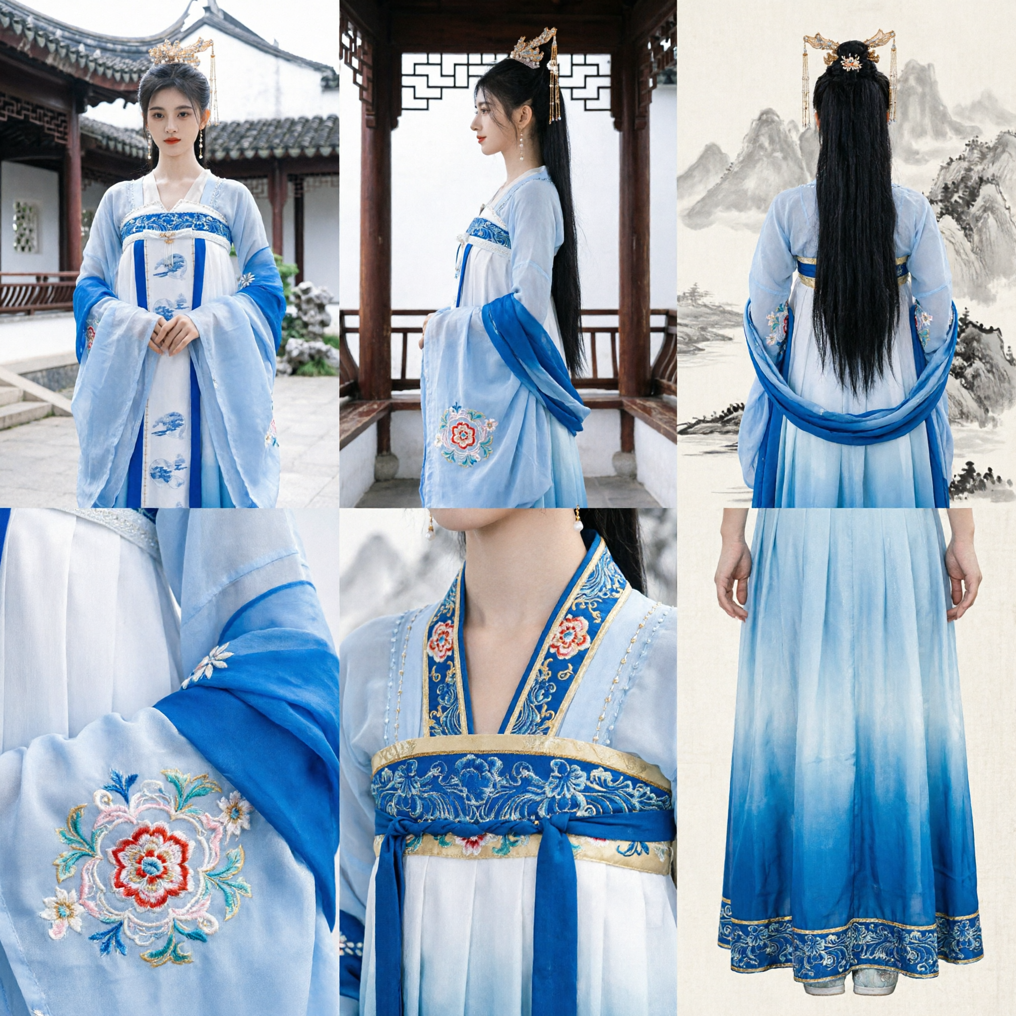 Costume Ancien Hanfu Élégant Bleu et Blanc, Robe de Fée Style Dynastie Tang pour Femmes Cosplay - Asian Costume