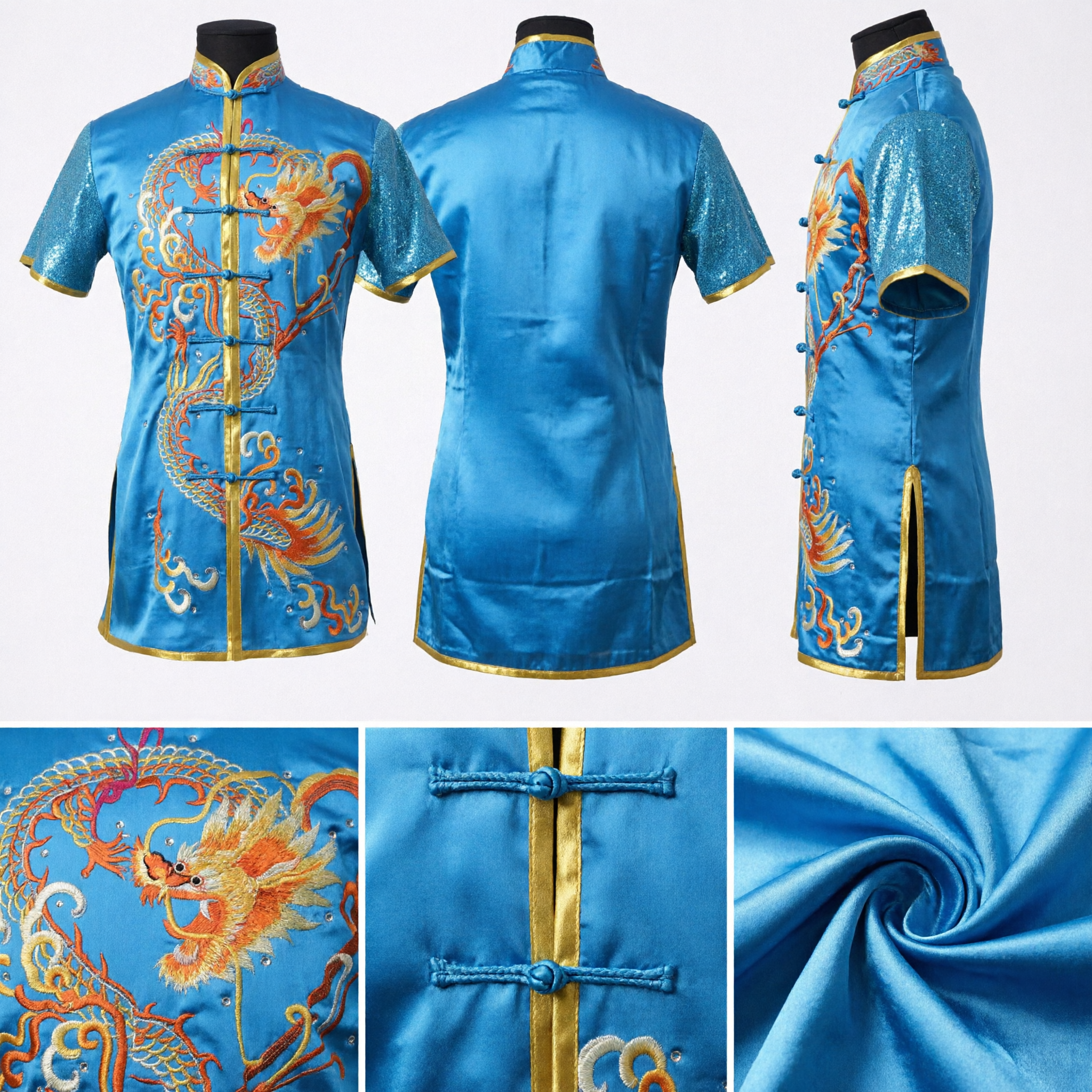 Uniforme Tradicional Chinês de Kung Fu Azul com Bordado de Dragão Manga Curta Traje de Performance Wushu para Homens - Asian Costume
