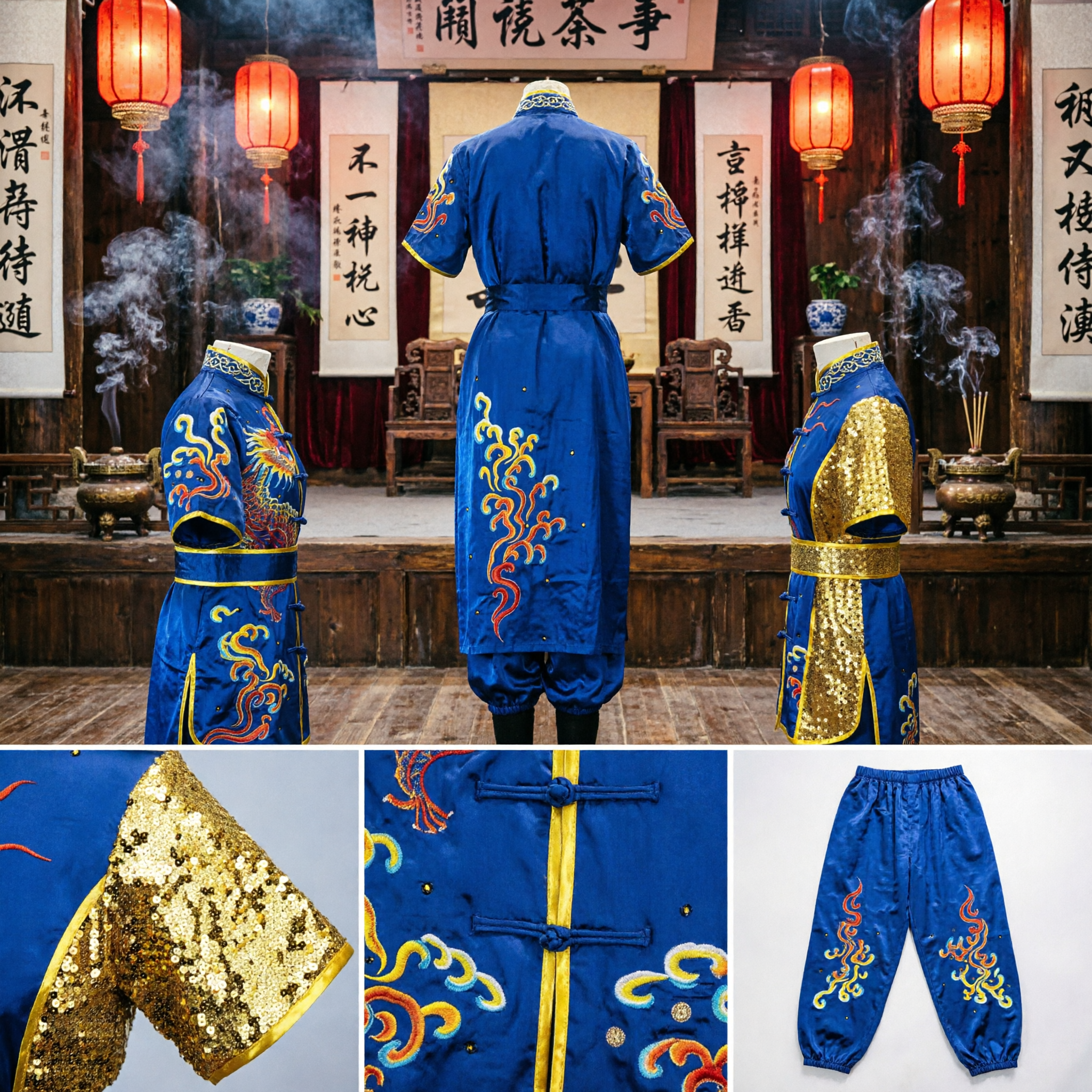 Uniforme Tradicional Chinês de Kung Fu Bordado de Dragão Azul Lantejoulas Douradas Traje de Performance de Artes Marciais para Homens - Asian Costume