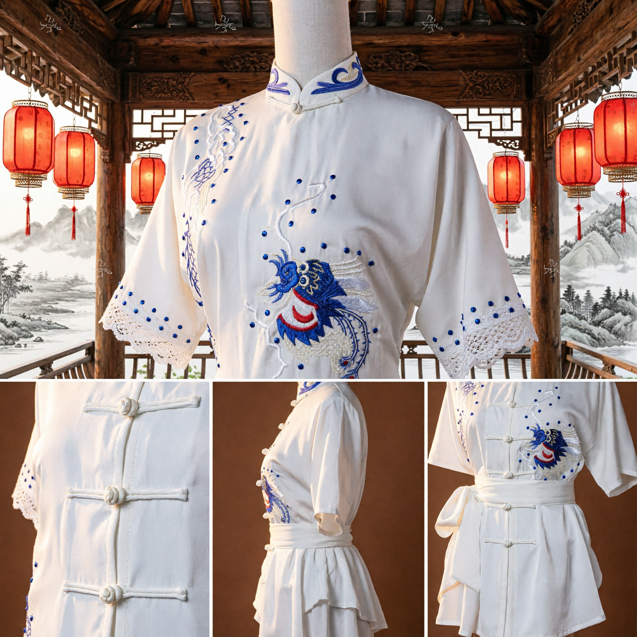 Weiße traditionelle chinesische Kung-Fu-Uniform Blaue Drachenstickerei Tai-Chi Kampfkunstkostüm für Männer - Asian Costume