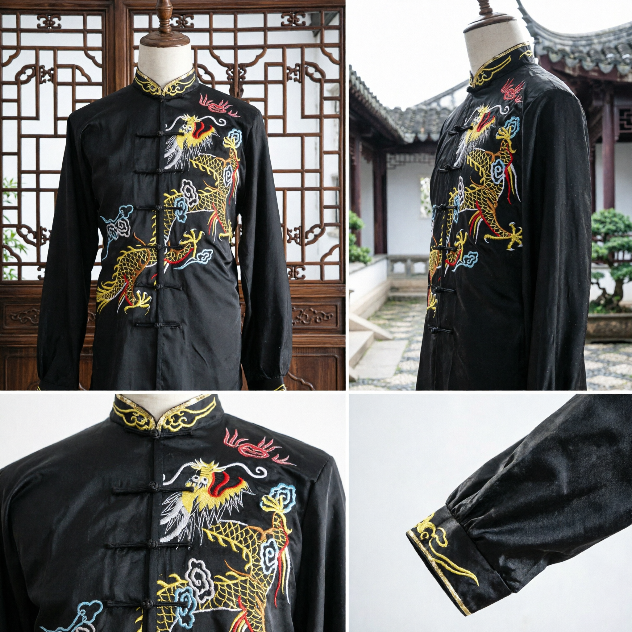 Mannen Zwart Satijn Kung Fu Uniform met Goud Drakenborduurwerk Traditioneel Chinees Tang Pak voor Tai Chi Beoefening - Asian Costume