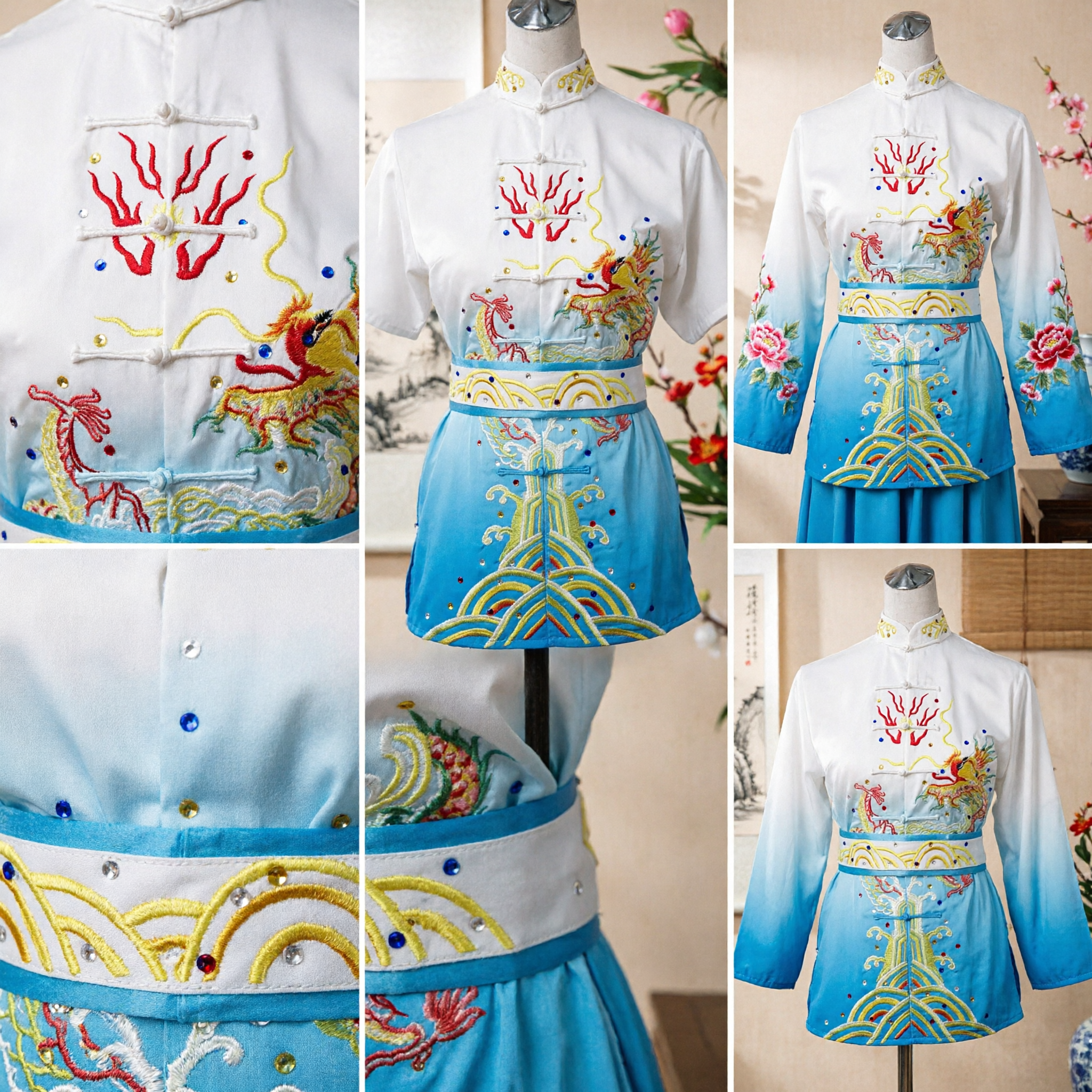 Uniforme Tradizionale Cinese Kung Fu con Ricamo del Drago, Completo Tai Chi con Sfumatura Bianco-Blu, Set Costume Arti Marziali - Asian Costume