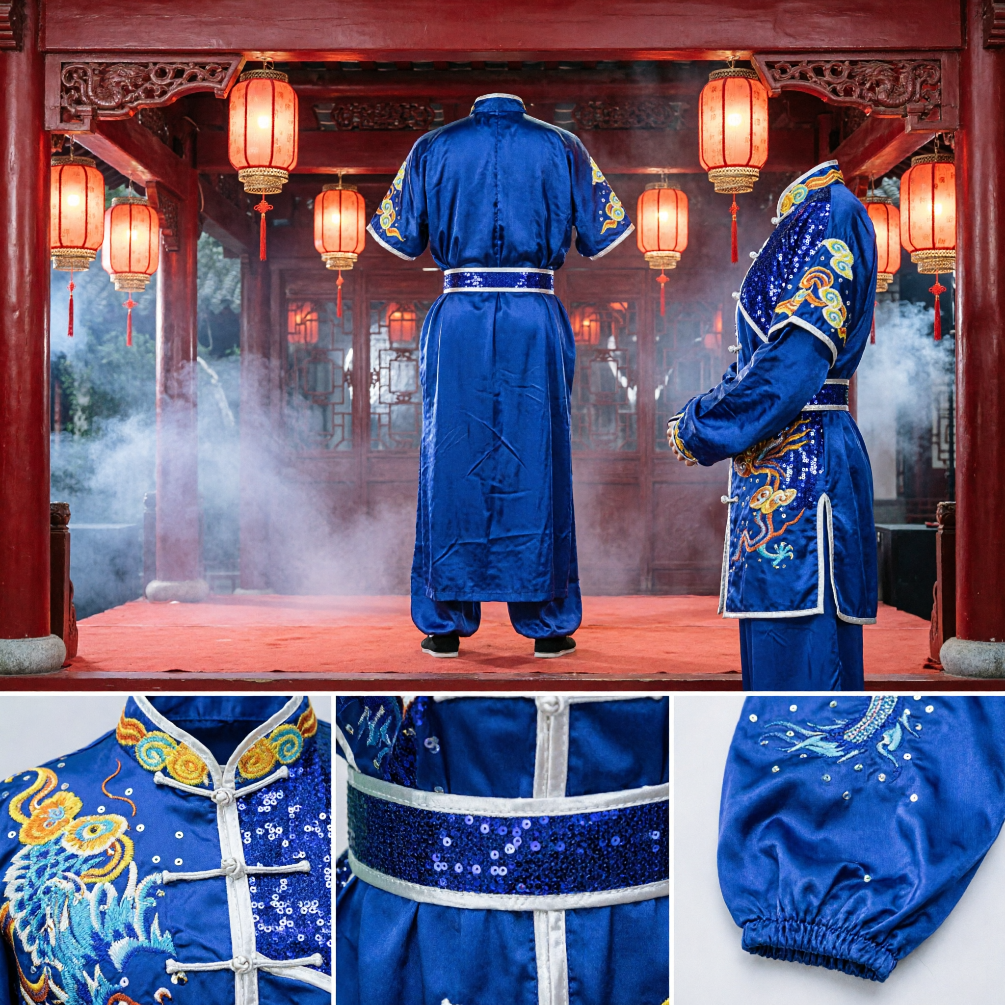 Uniforme de Kung Fu para Homens Bordado de Dragão Azul Traje Tradicional Chinês de Performance Wushu em Cetim Conjunto - Asian Costume
