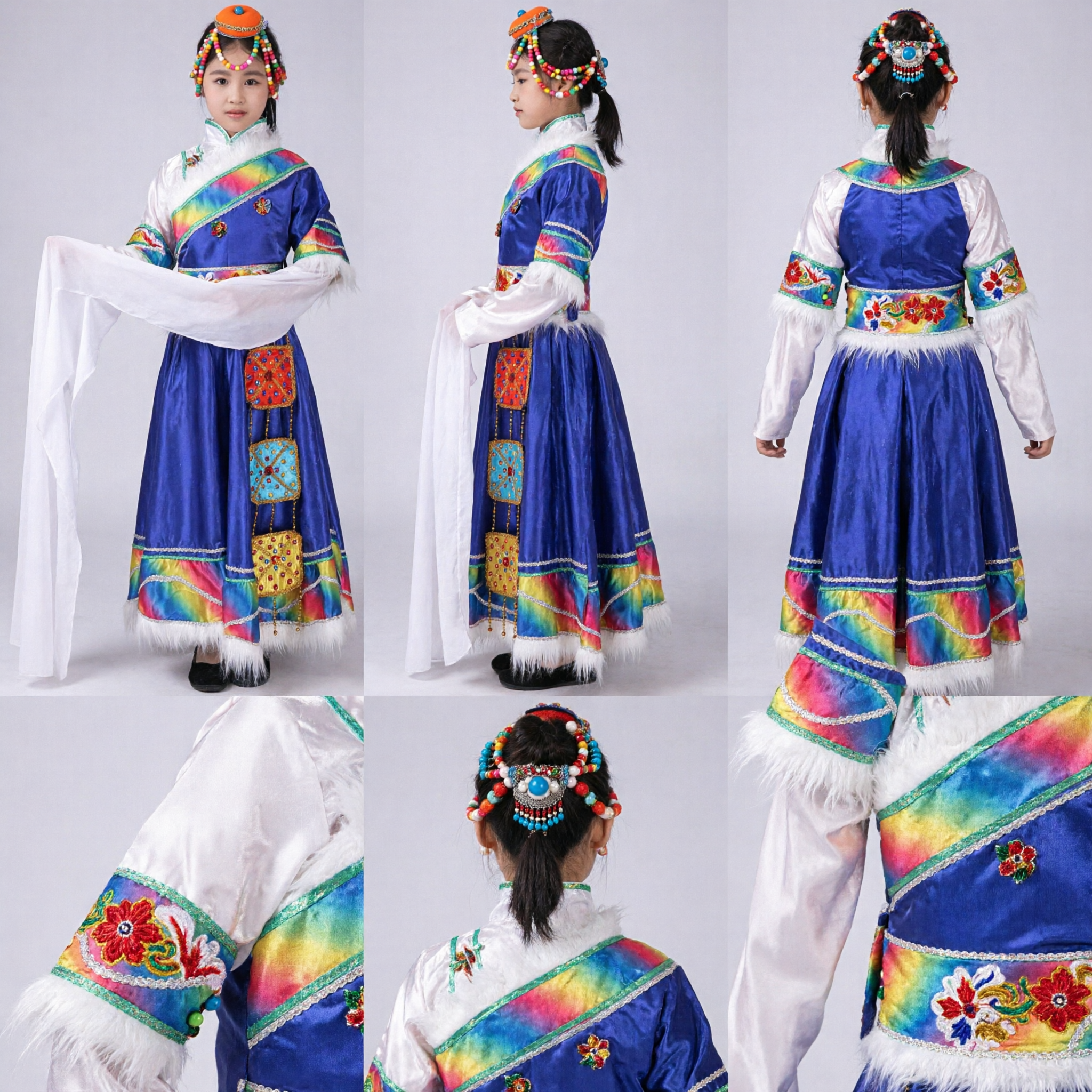 Costume Traditionnel Tibétain pour Enfants, Robe de Danse Folklorique en Soie Bleue avec Bordure Arc-en-Ciel et Manches d'Eau - Asian Costume
