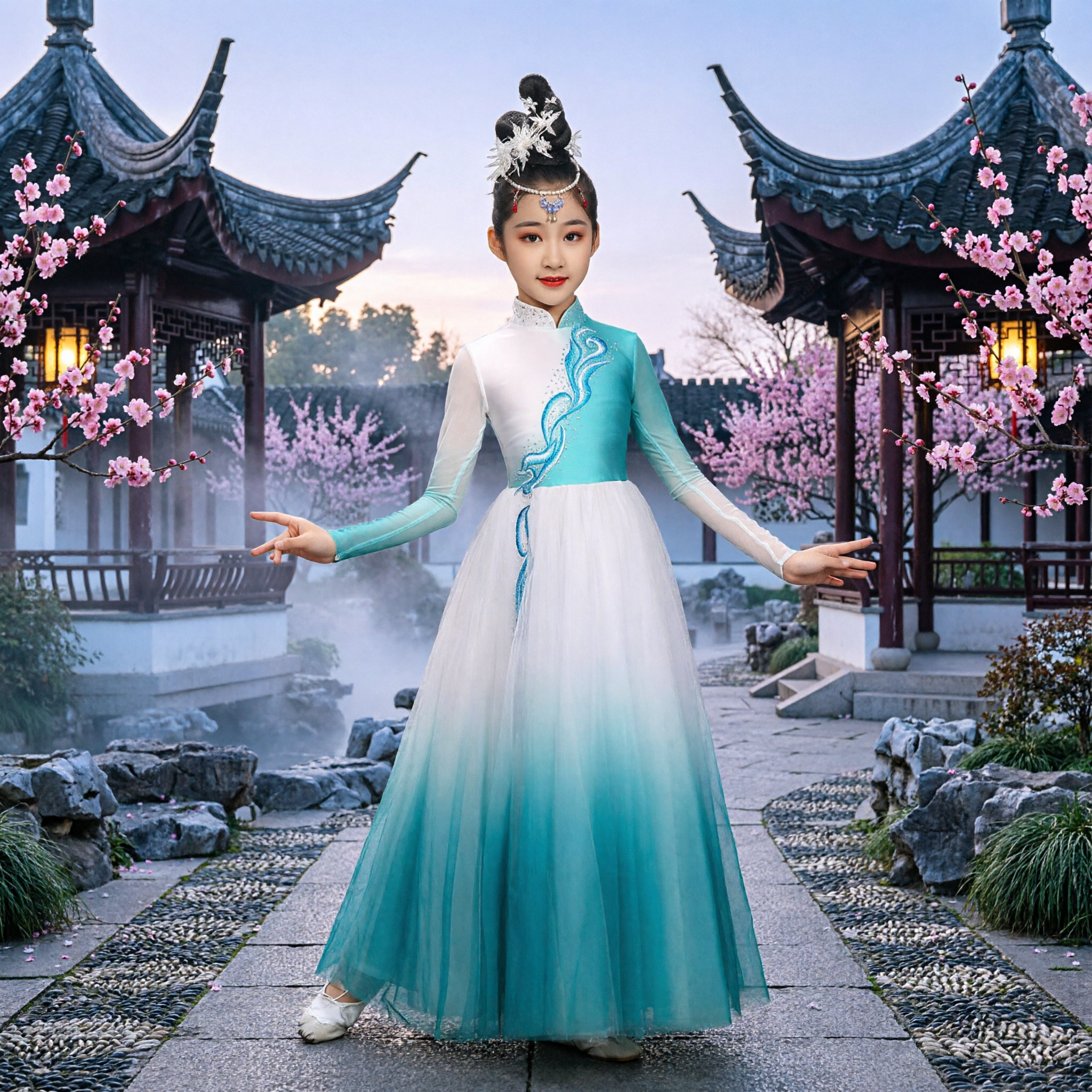 Kinderen Chinees Klassieke Dans Kostuum Blauwgroen Verloop Yangge Jurk Traditionele Hanfu Stijl Podiumoptreden Outfit - Asian Costume