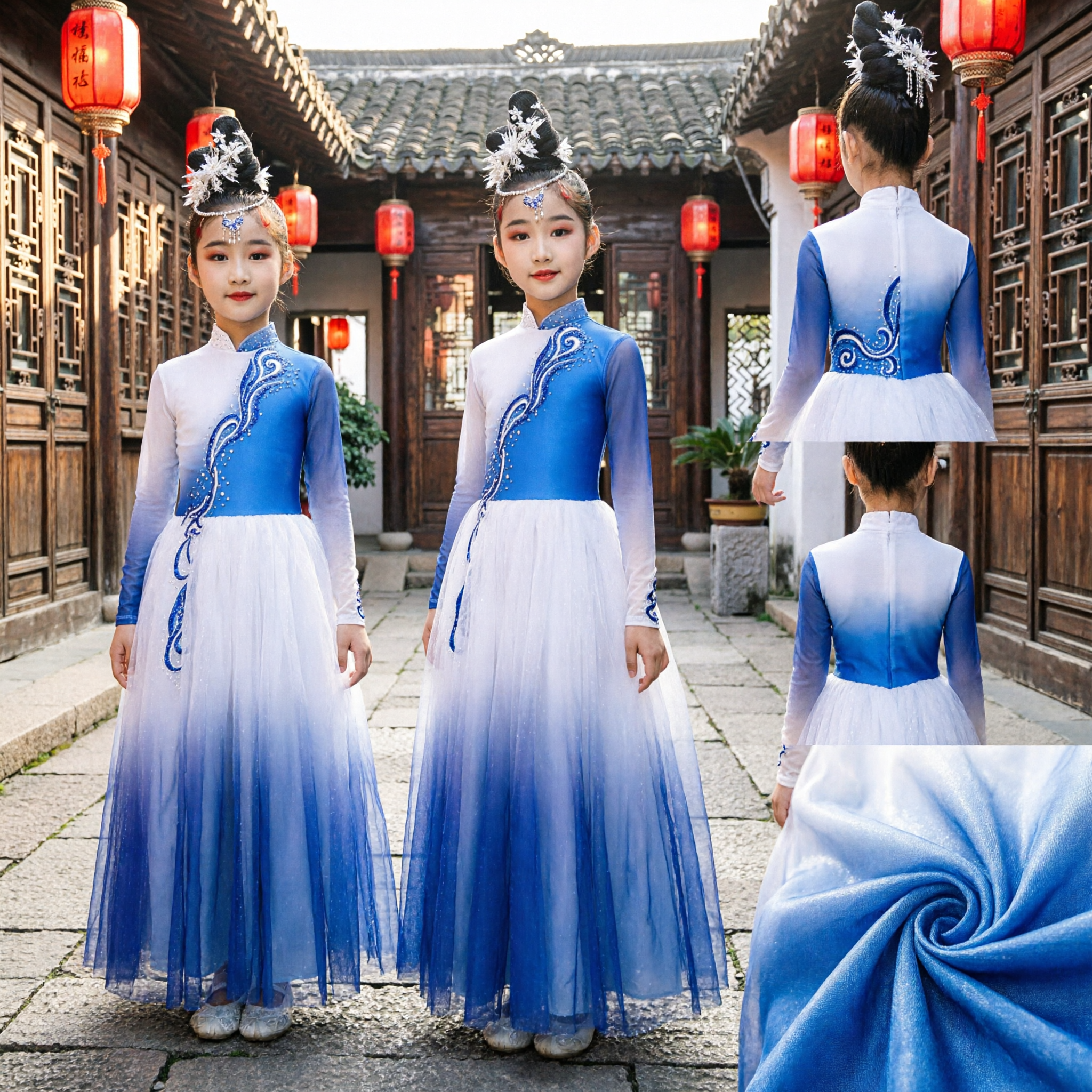 Chinees Klassieke Dans Kostuum voor Kinderen Meisjes Blauw Wit Verloop Hanfu Podiumoptreden Jurk - Asian Costume
