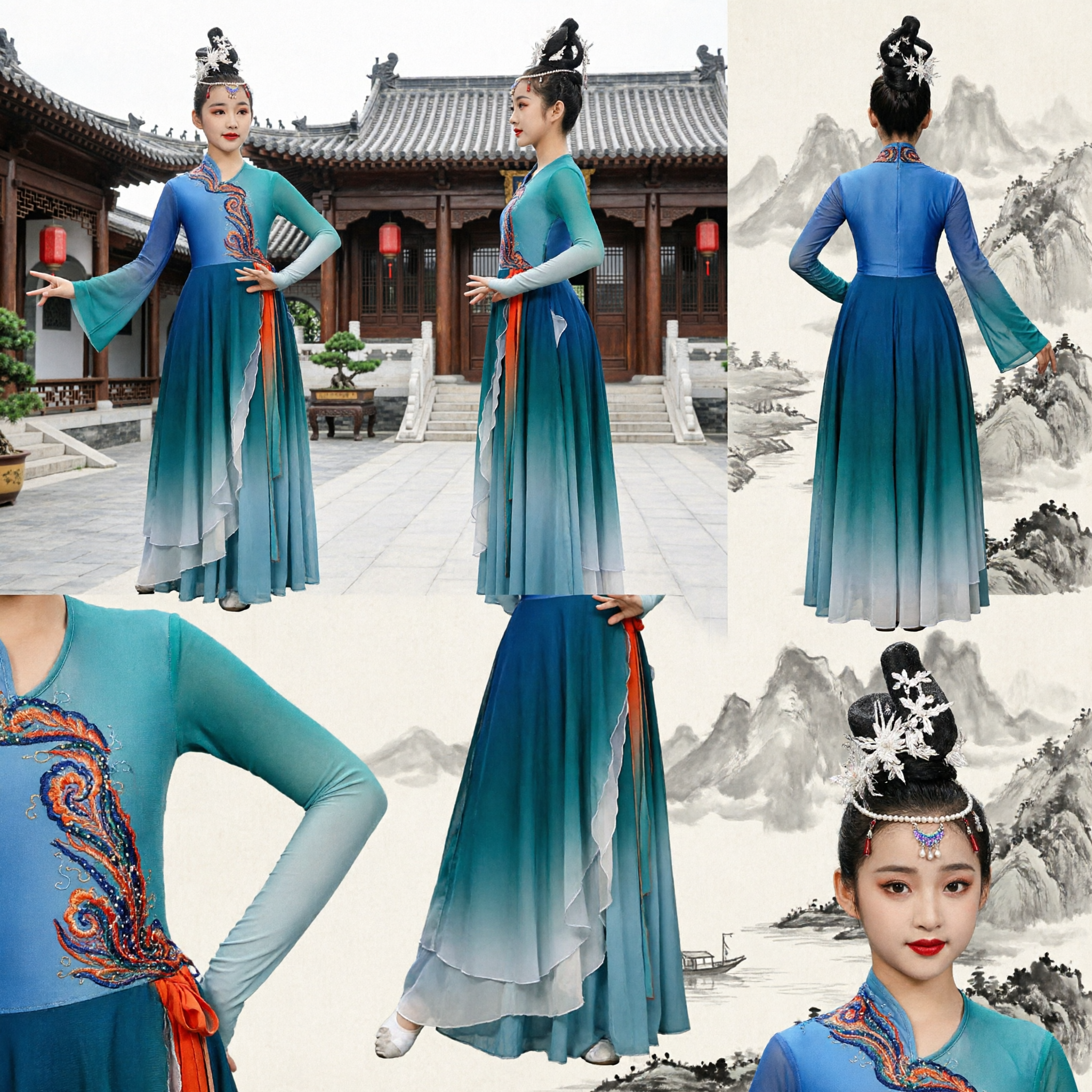 Kinder chinesisches klassisches Tanzkostüm Blau Verlauf Besticktes Pfau Langarm Bühnenaufführungskleid - Asian Costume