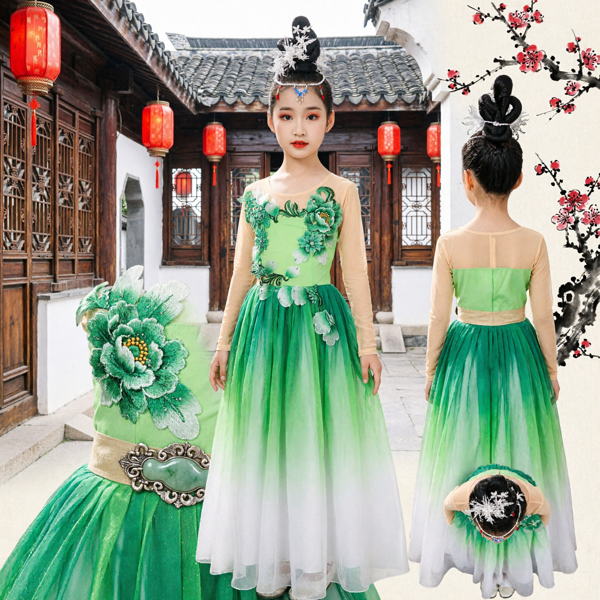 Kinder chinesisches klassisches Tanzkostüm Grün Verlauf Langkleid Bühnenaufführung Volks-Outfit für Mädchen - Asian Costume