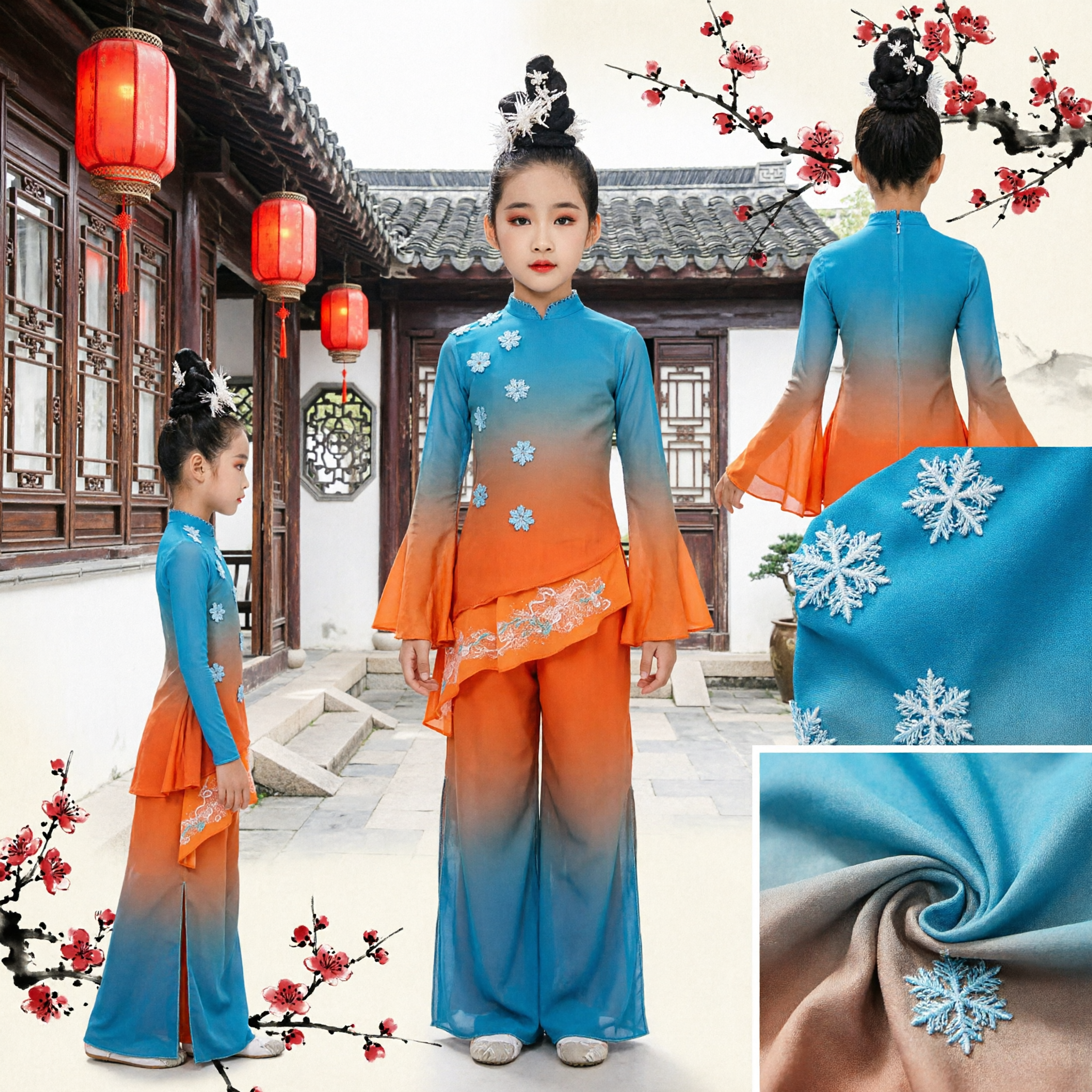 Traje Tradicional Chinês de Dança Folclórica para Crianças Meninas Traje de Performance Gradiente Azul Laranja com Flores - Asian Costume