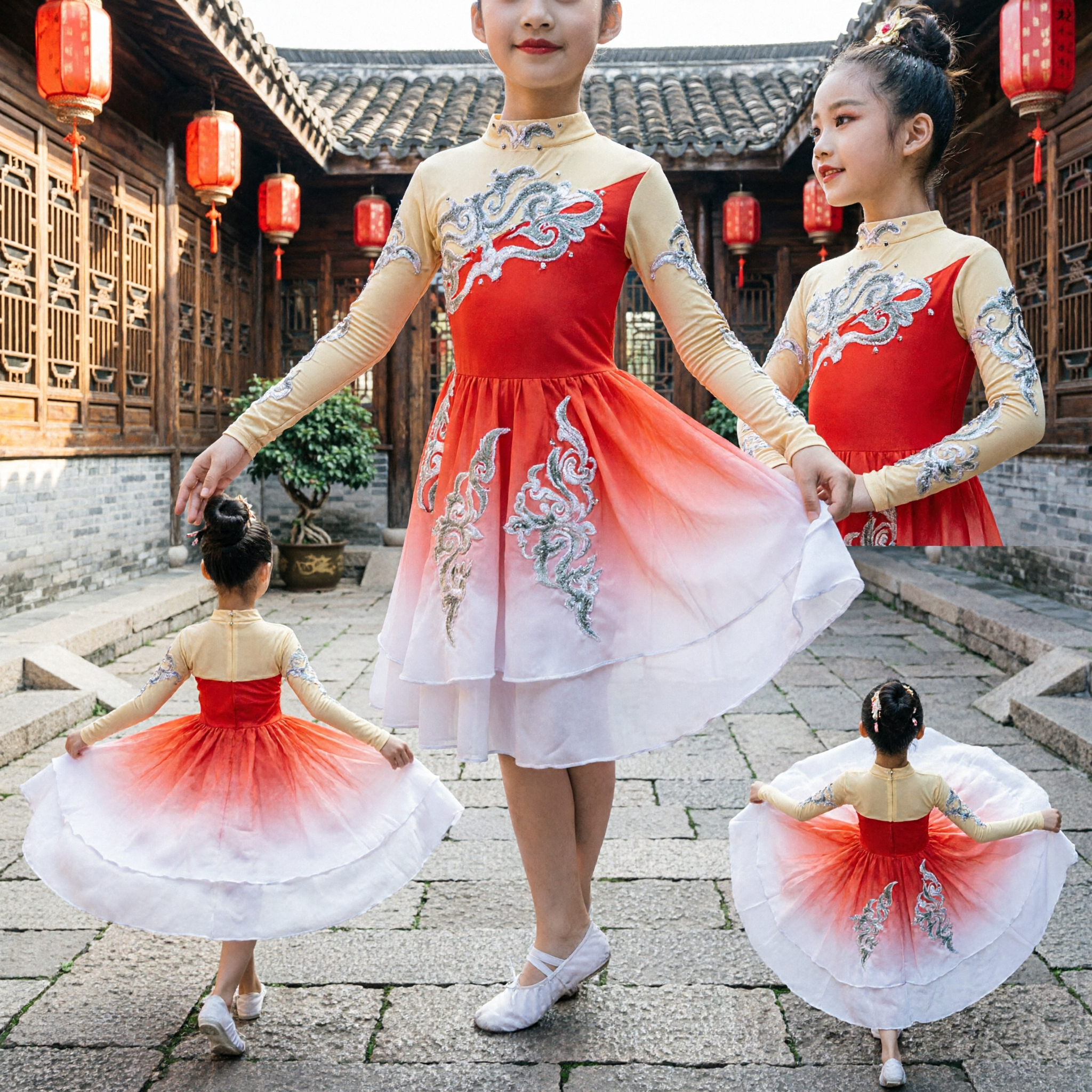 Costume de danse classique chinoise pour enfants - Robe dégradée rouge pour filles - Tenue de performance de danse folklorique sur scène - Asian Costume