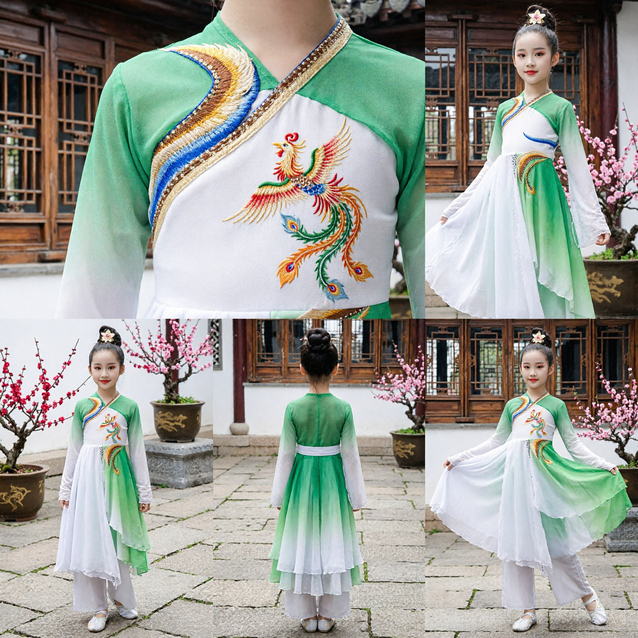 Dai-Pfauen-Tanzkostüm für Mädchen, grün verlaufendes klassisches chinesisches Volkskleid, Kinder-Bühnenaufführungs-Outfit - Asian Costume