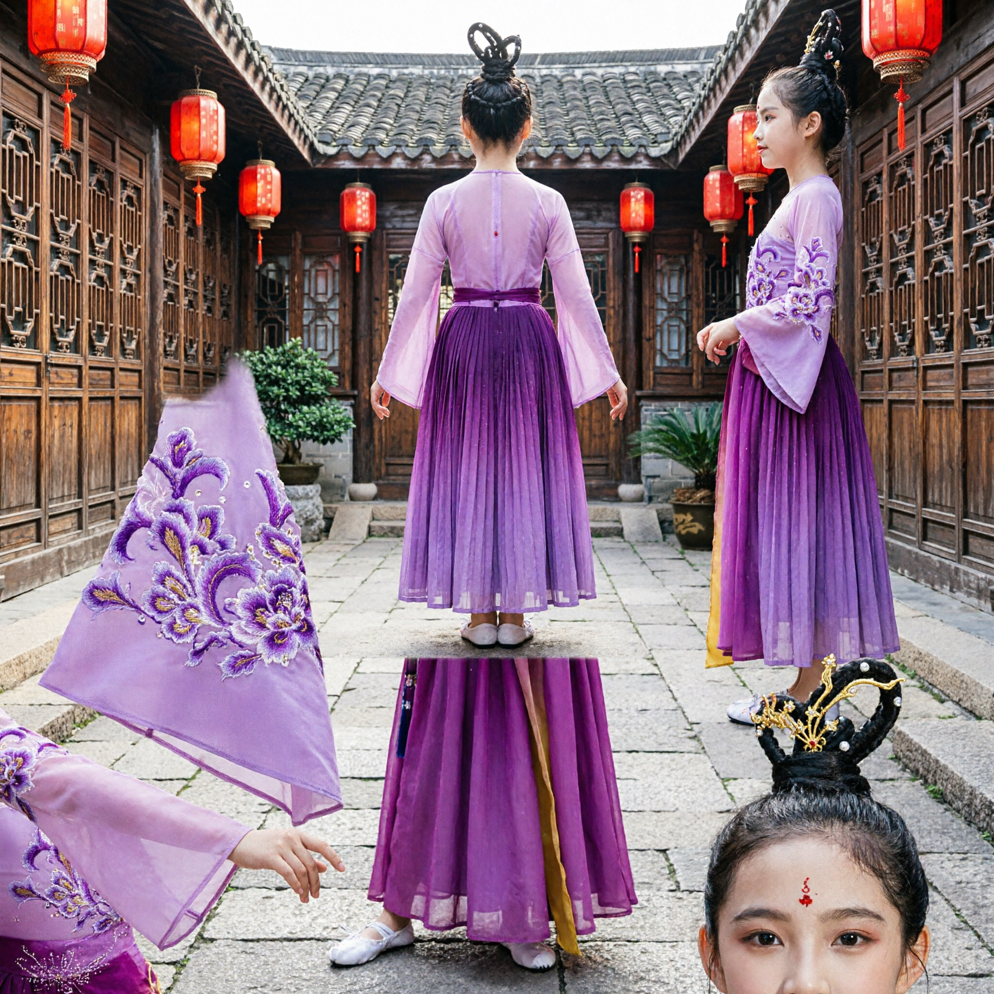 Costume da Danza Classica Cinese Viola per Bambine, Hanfu Tradizionale Ricamato, Abito da Fata per Palcoscenico - Asian Costume