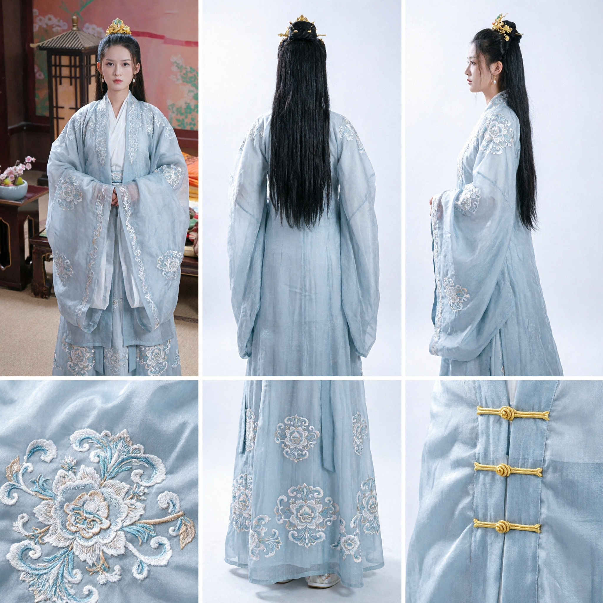 Traje de Princesa Antiga Chinesa Azul Claro Bordado, Hanfu Tradicional, Vestido para Mulheres em Cosplay de Drama de Época - Asian Costume