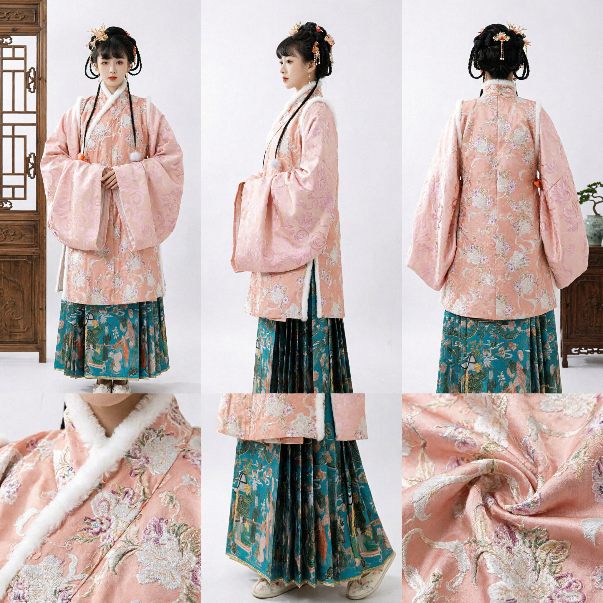 Conjunto Tradicional Hanfu de la Dinastía Ming, Top Ao de Brocado Rosa y Falda Plisada Azul para Mujer - Asian Costume