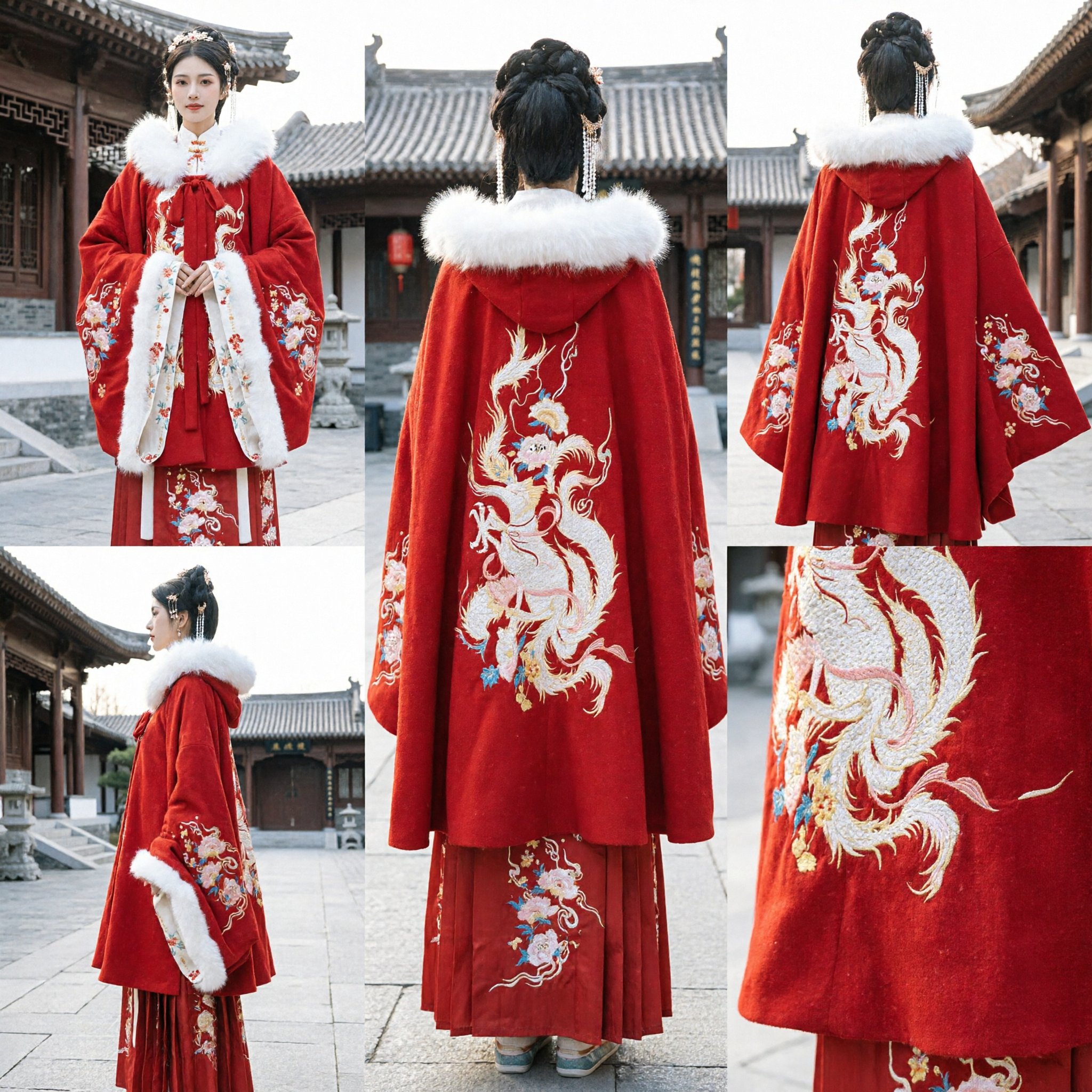 Traditioneel Chinees Rood Hanfu Winter Mantel voor Vrouwen met Witte Bontkraag en Feniks Borduurwerk Oud Kostuum - Asian Costume