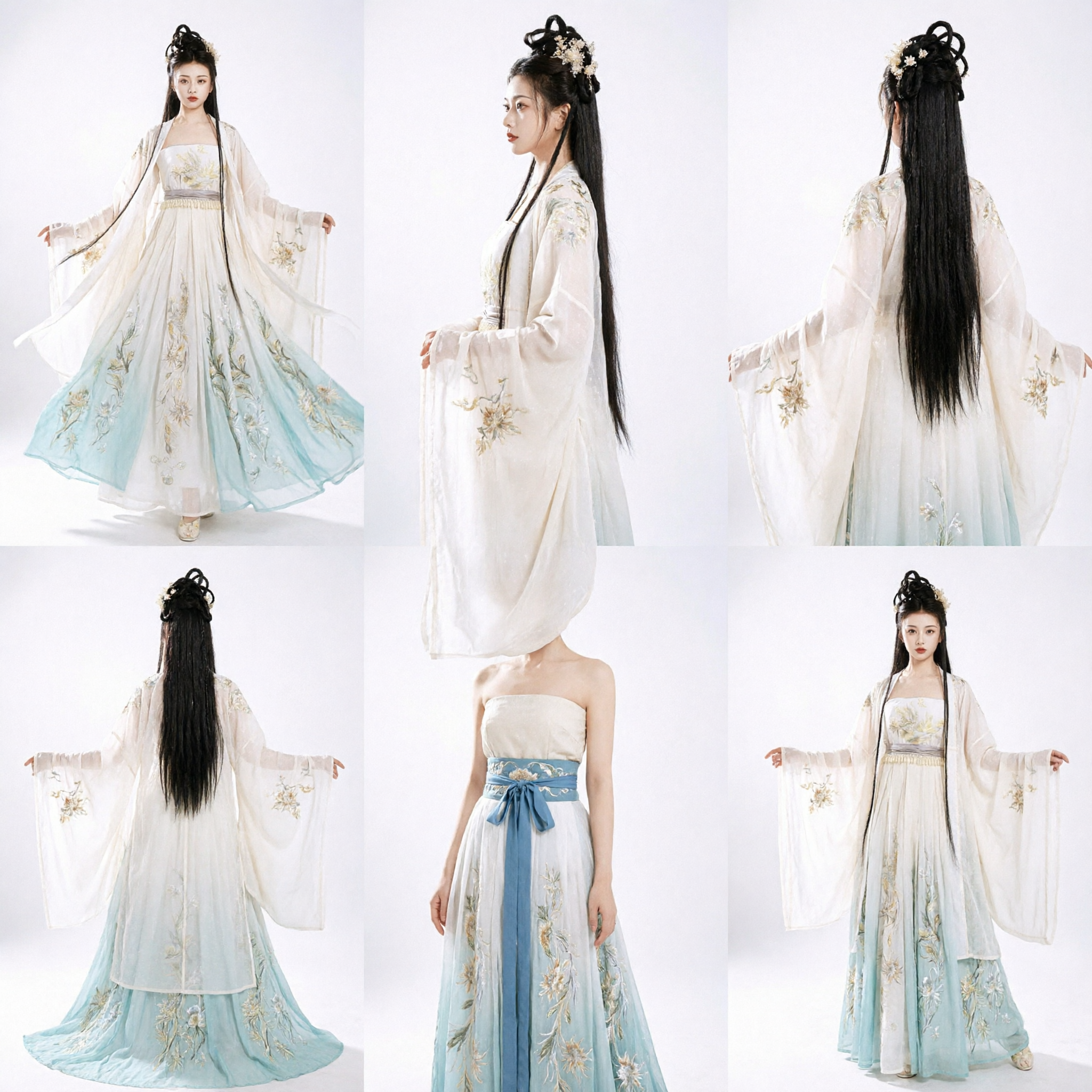 Elegante Hanfu Tradizionale Cinese Bianco e Blu Abito Antico da Fata Ricamato per Donne Fotografia - Asian Costume