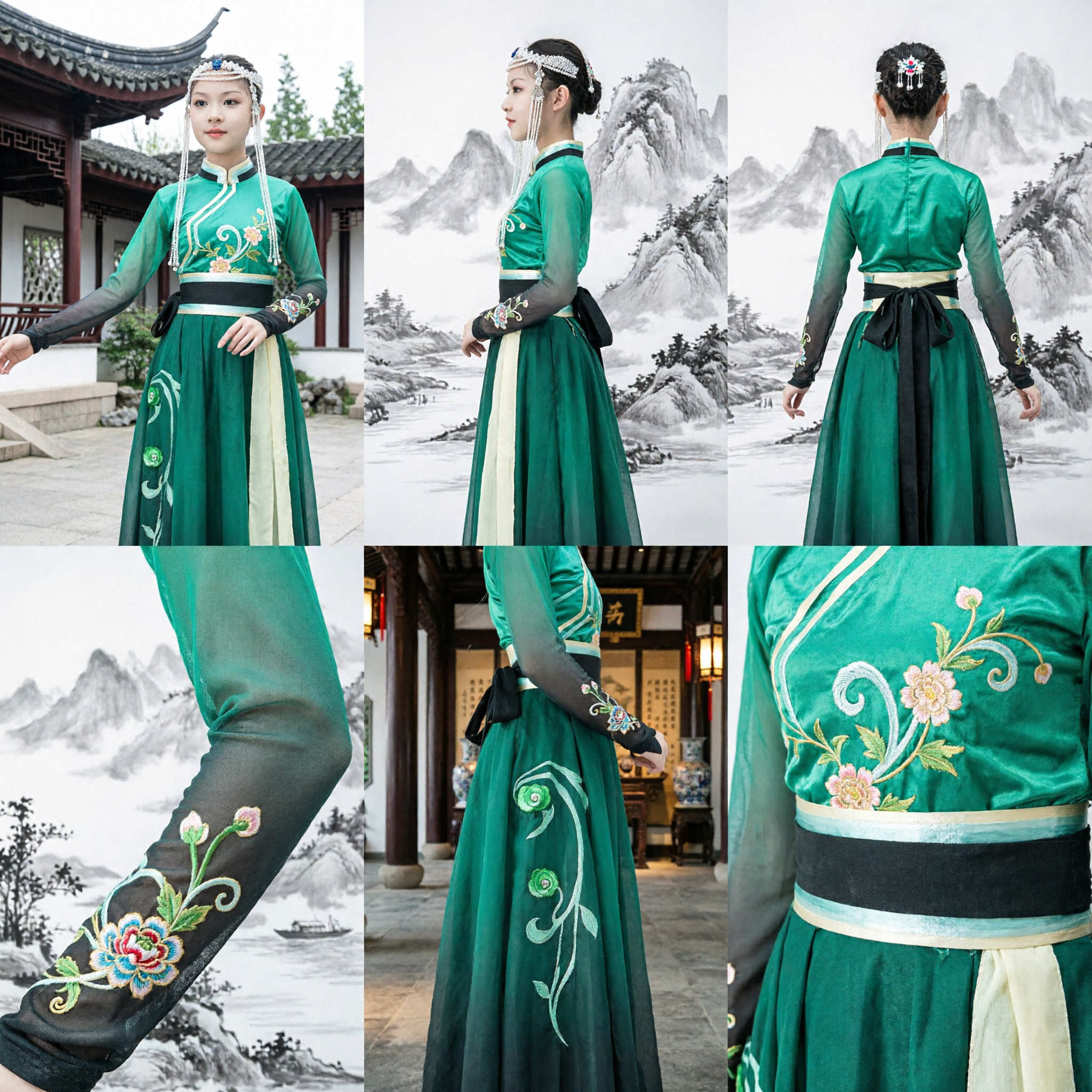 Traje de Dança Clássica Chinesa Verde para Crianças Meninas Vestido Tradicional de Performance Folclórica no Palco com Adereço de Cabeça - Asian Costume