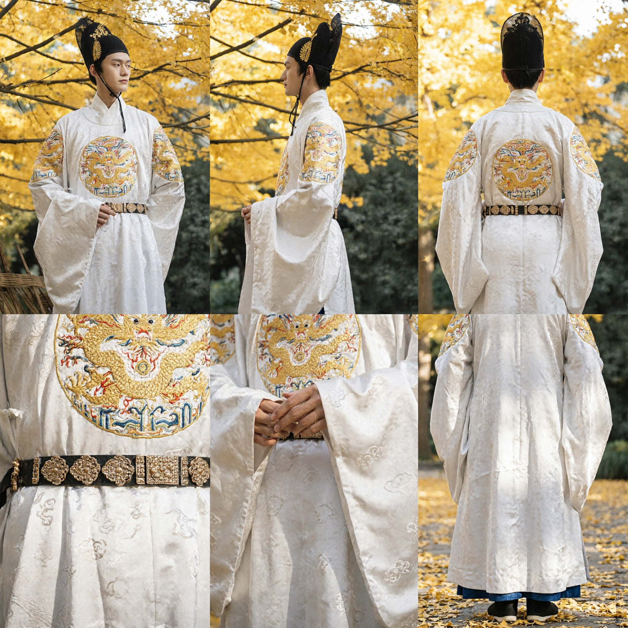 Traje Tradicional Chinês Hanfu da Dinastia Ming para Homens Robe Branco de Gola Redonda com Bordado de Dragão - Asian Costume