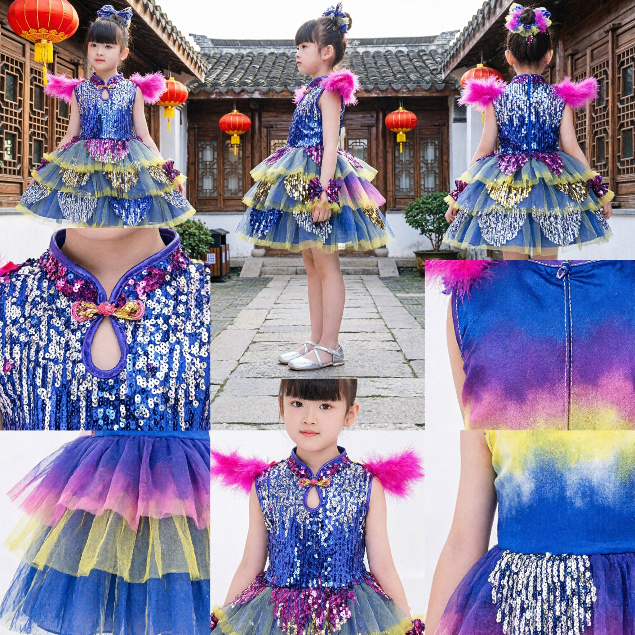 Traje de Dança Azul com Lantejoulas para Meninas com Penas Cor-de-Rosa para Dança Folclórica Chinesa Performance no Palco - Asian Costume