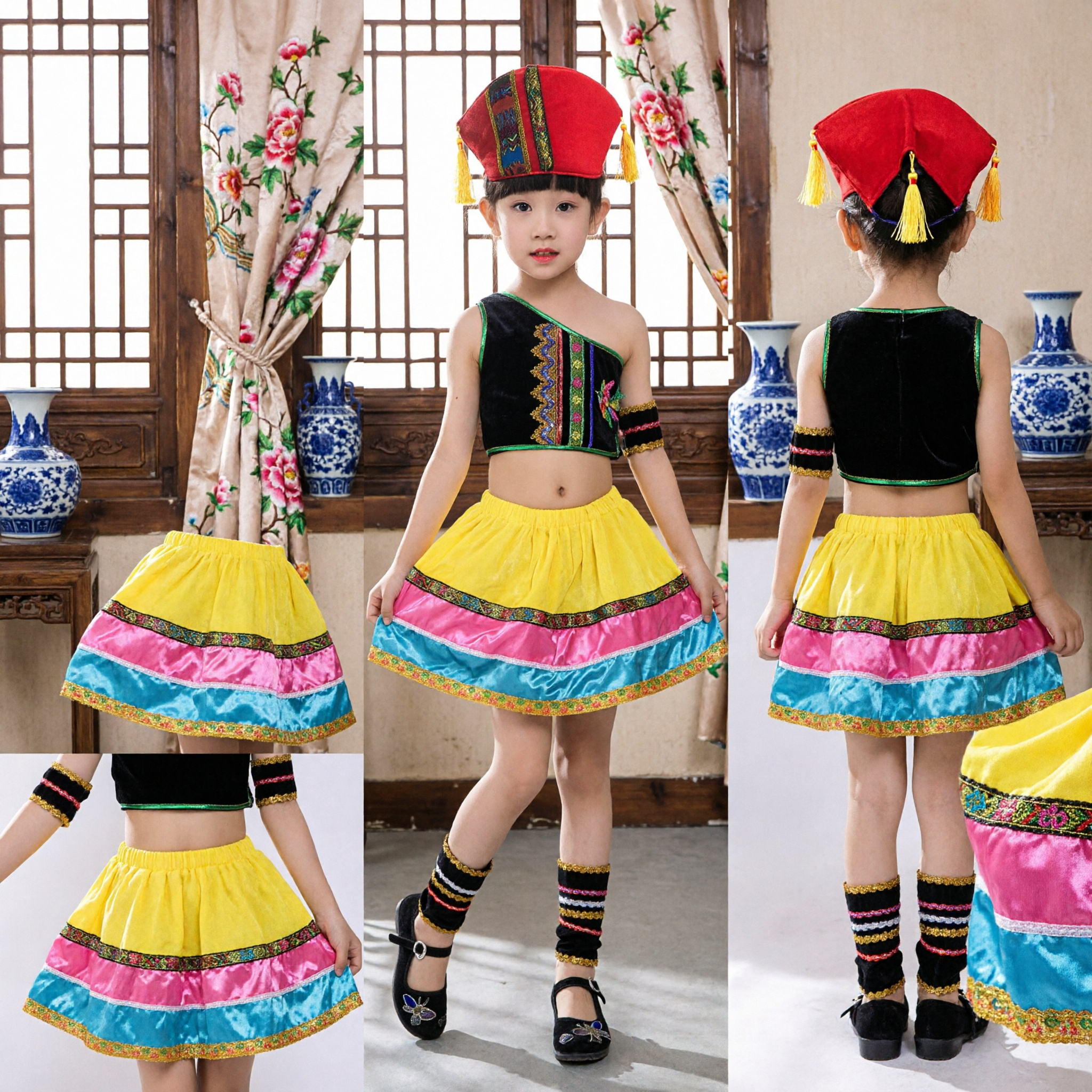 Costume de danse folklorique de minorité ethnique chinoise traditionnelle pour enfants filles, ensemble de robe de la nationalité Zhuang pour performance scénique - Asian Costume