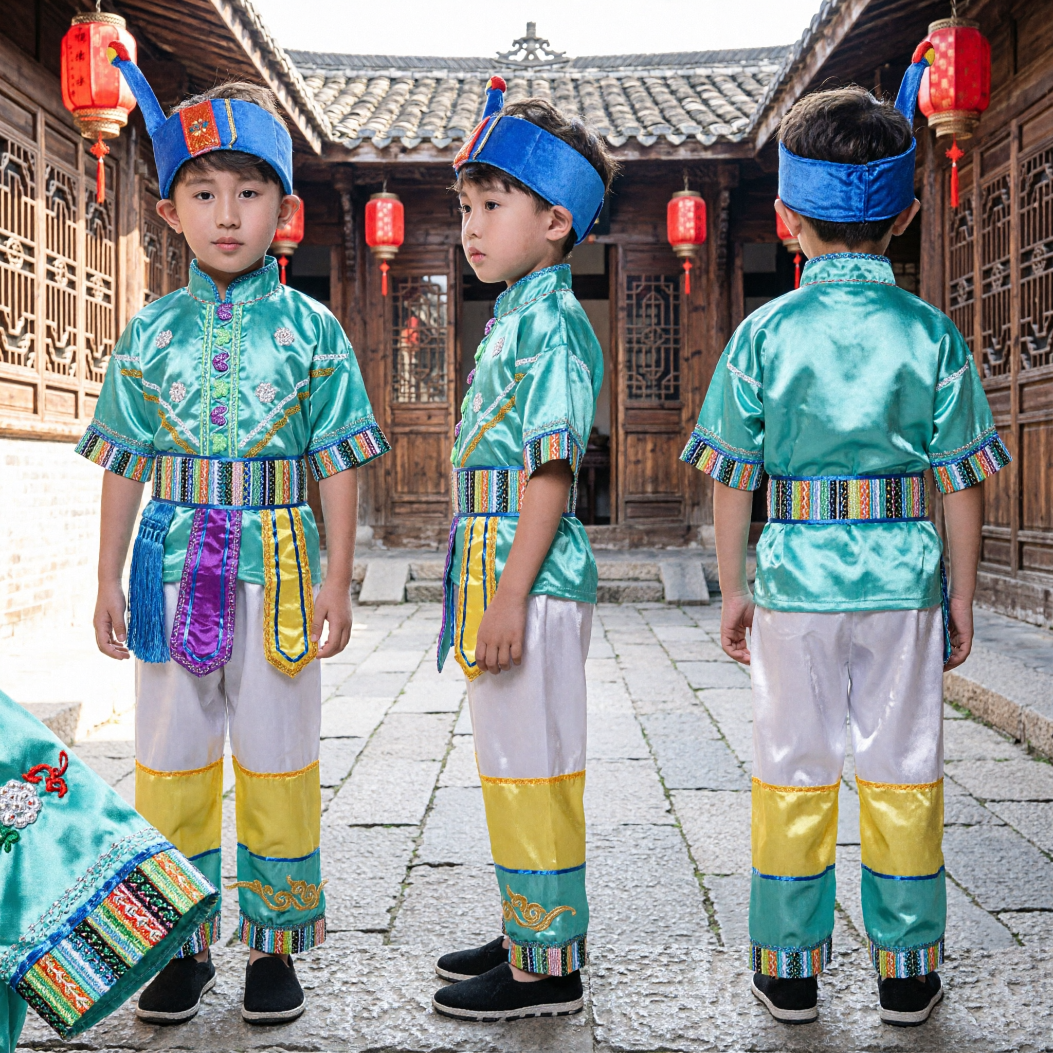 Costume per Ragazzi per Danza Folkloristica della Minoranza Etnica Cinese Tradizionale Completo da Spettacolo in Raso Verde per Bambini - Asian Costume