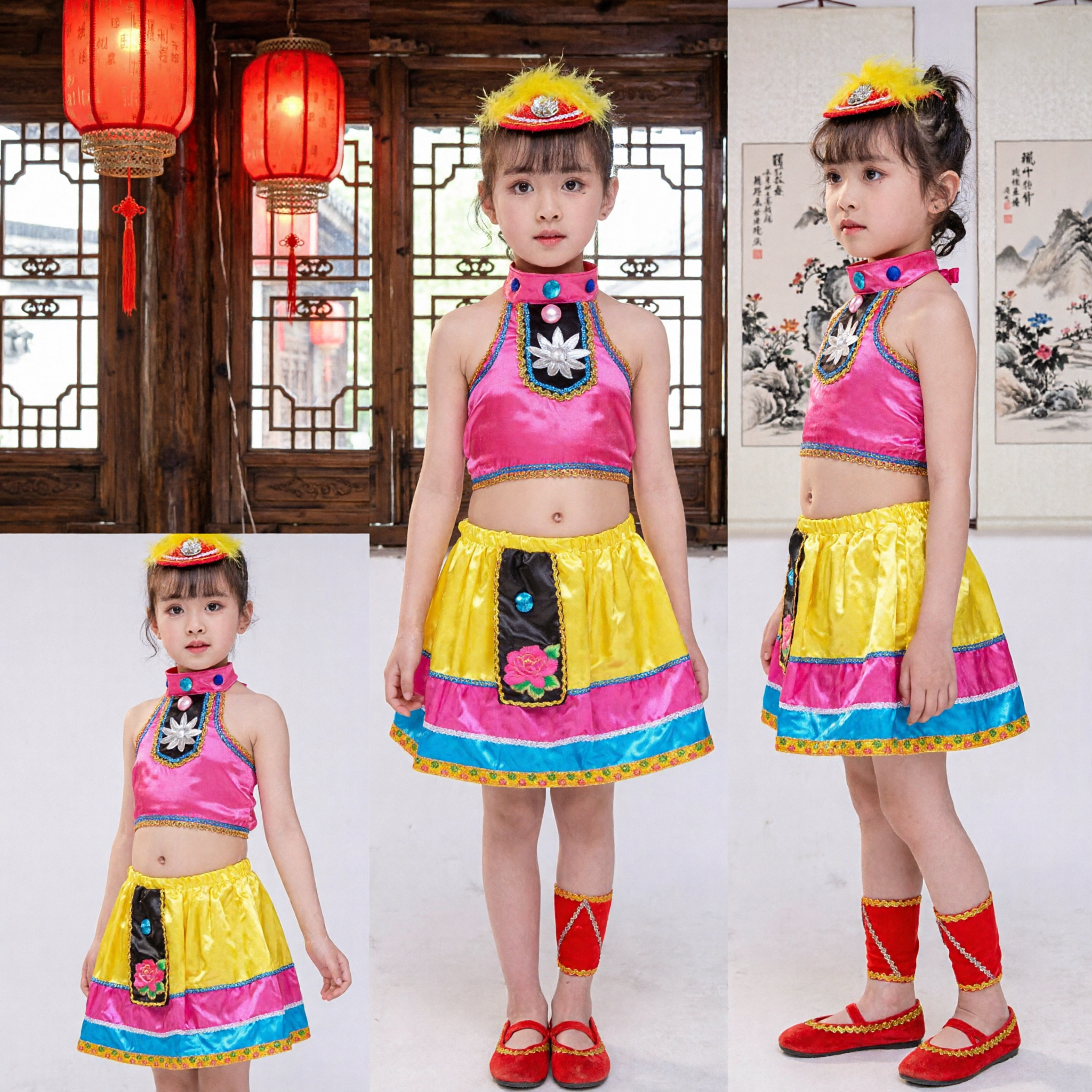 Costume de danse ethnique chinois pour enfants filles, tenue de performance folklorique traditionnelle, jupe jaune et haut rose pour scène - Asian Costume