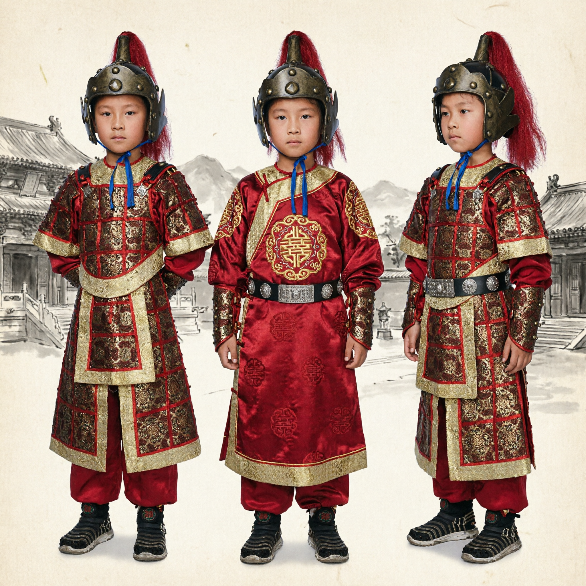 남아 고대 중국 장군 갑옷 의상 전통 레드 전사 한푸 키즈 공연 코스프레 세트 - Asian Costume