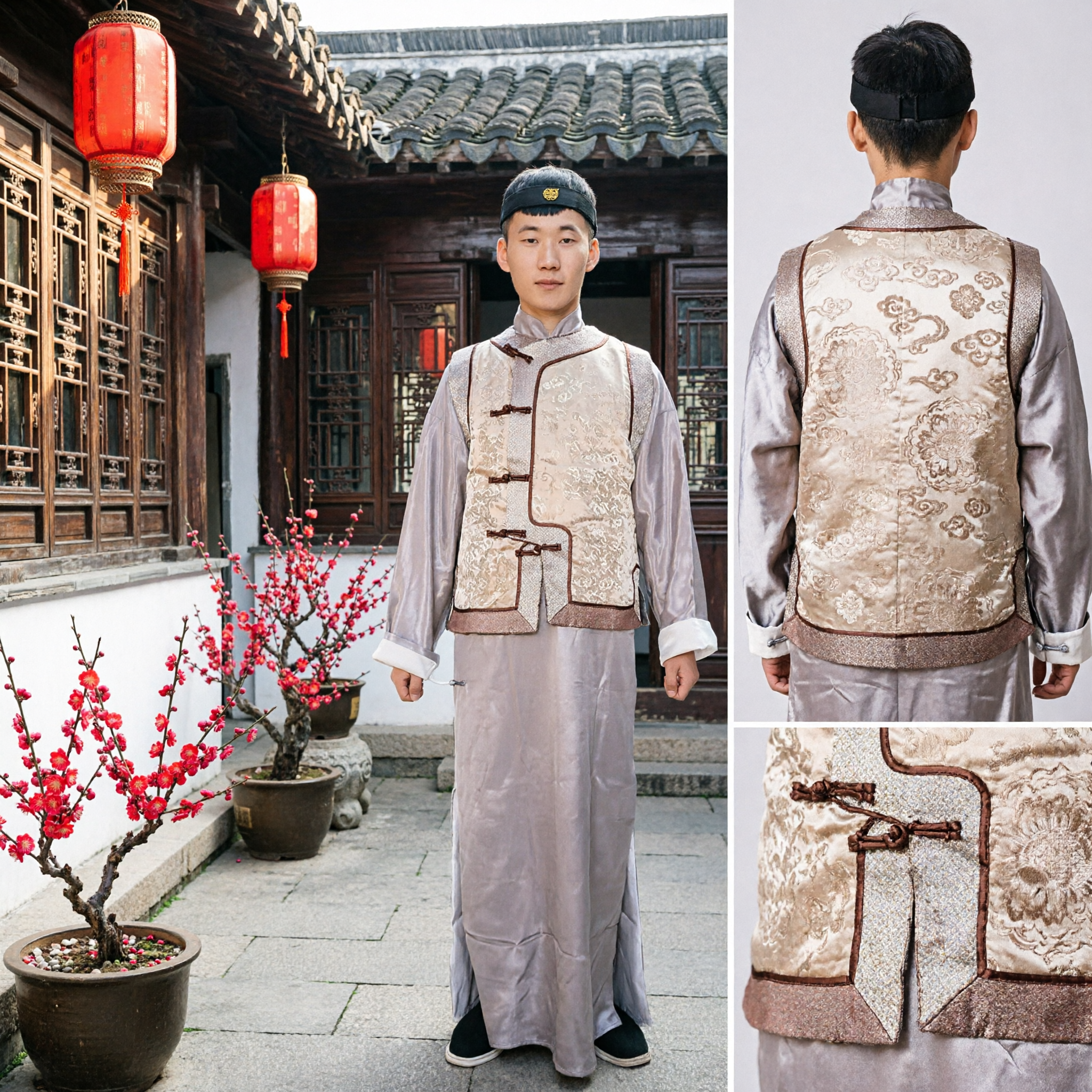 Traditioneel Chinese Mannen Changshan Lange Gewaad en Brokaat Vest Set Qing Dynastie Historisch Kostuum voor Optreden - Asian Costume