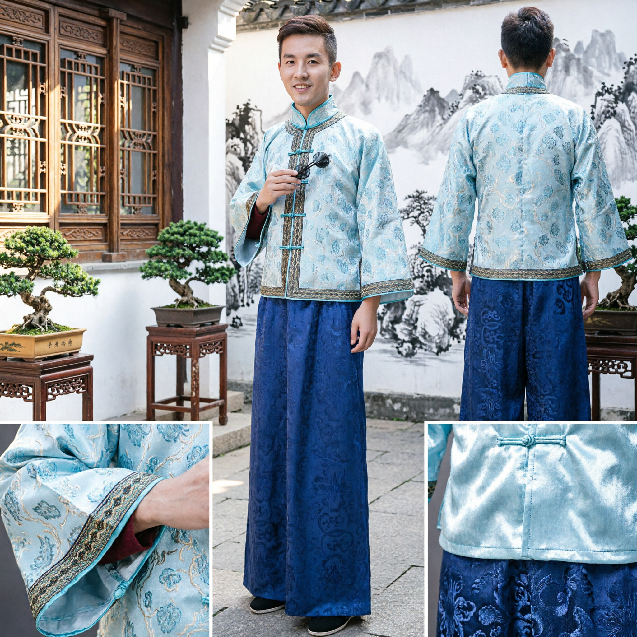 Men's Traditional Chinese Republic of China Scholar Costume Light Blue Tang Suit Jacket and Pants Set - Asian Costume