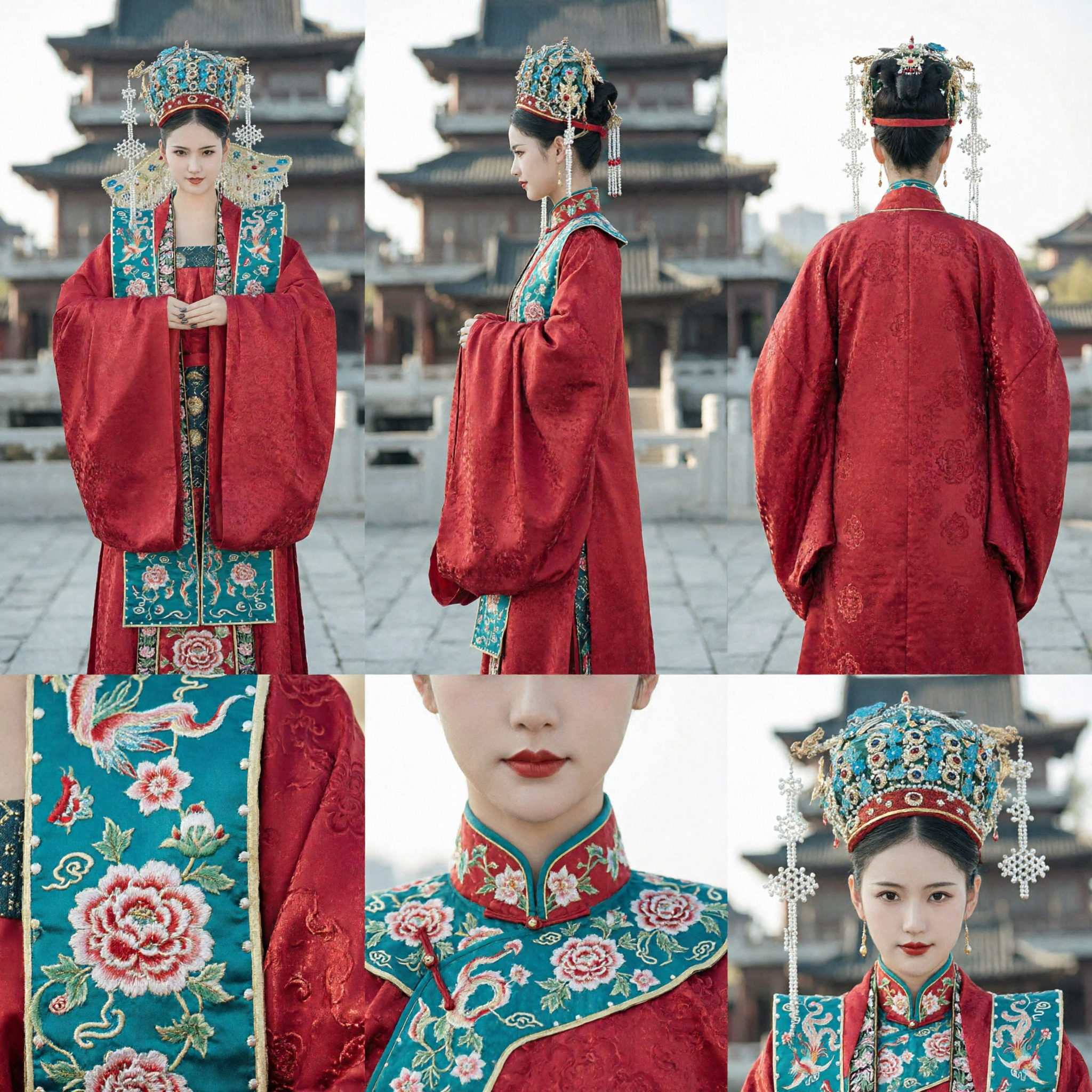 Traje Tradicional Chino Hanfu de Boda de la Dinastía Ming, Túnica Roja con Corona Fénix y Tocado para Novia - Asian Costume