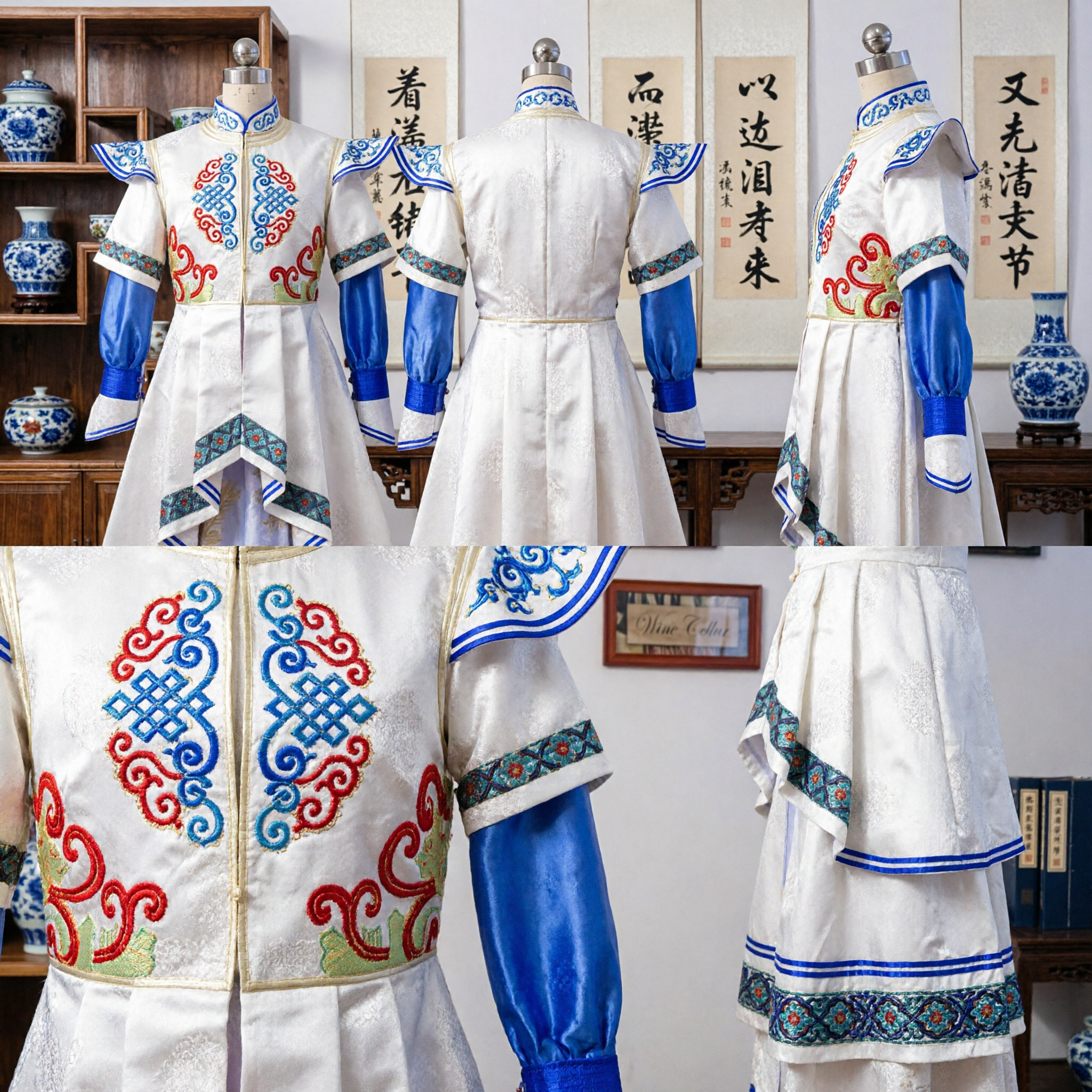 Traditionelles chinesisches Weißsatin-Kostüm mit blauer Stickerei für Volksbühnenauftritte - Asian Costume
