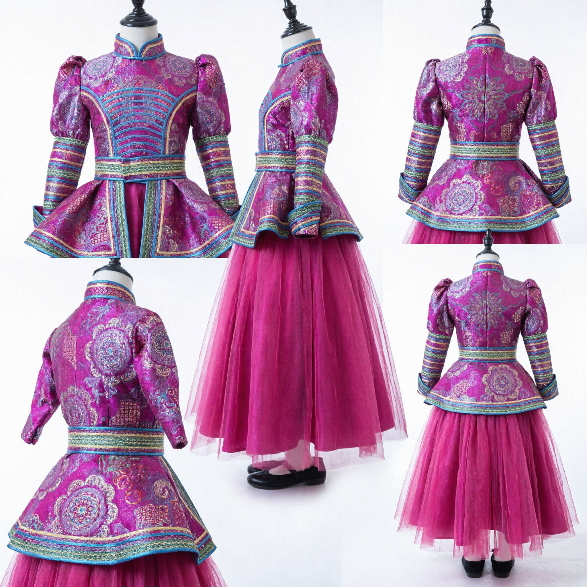 Vibrant Pink Traditional Chinese Mongolian Folk Dance Costume Embroidered Long Sleeve Dress for Girls Stage Performance - Asian Costume