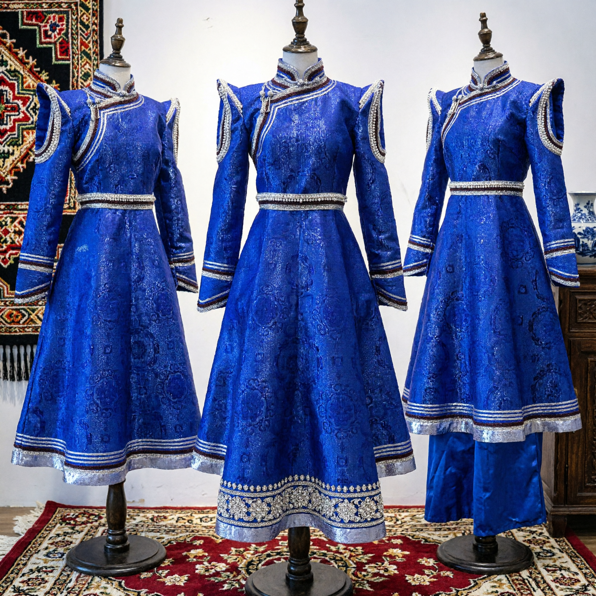 Robe traditionnelle mongole bleue pour femmes, costume ethnique, robe de performance pour danse folklorique avec détails en argent - Asian Costume