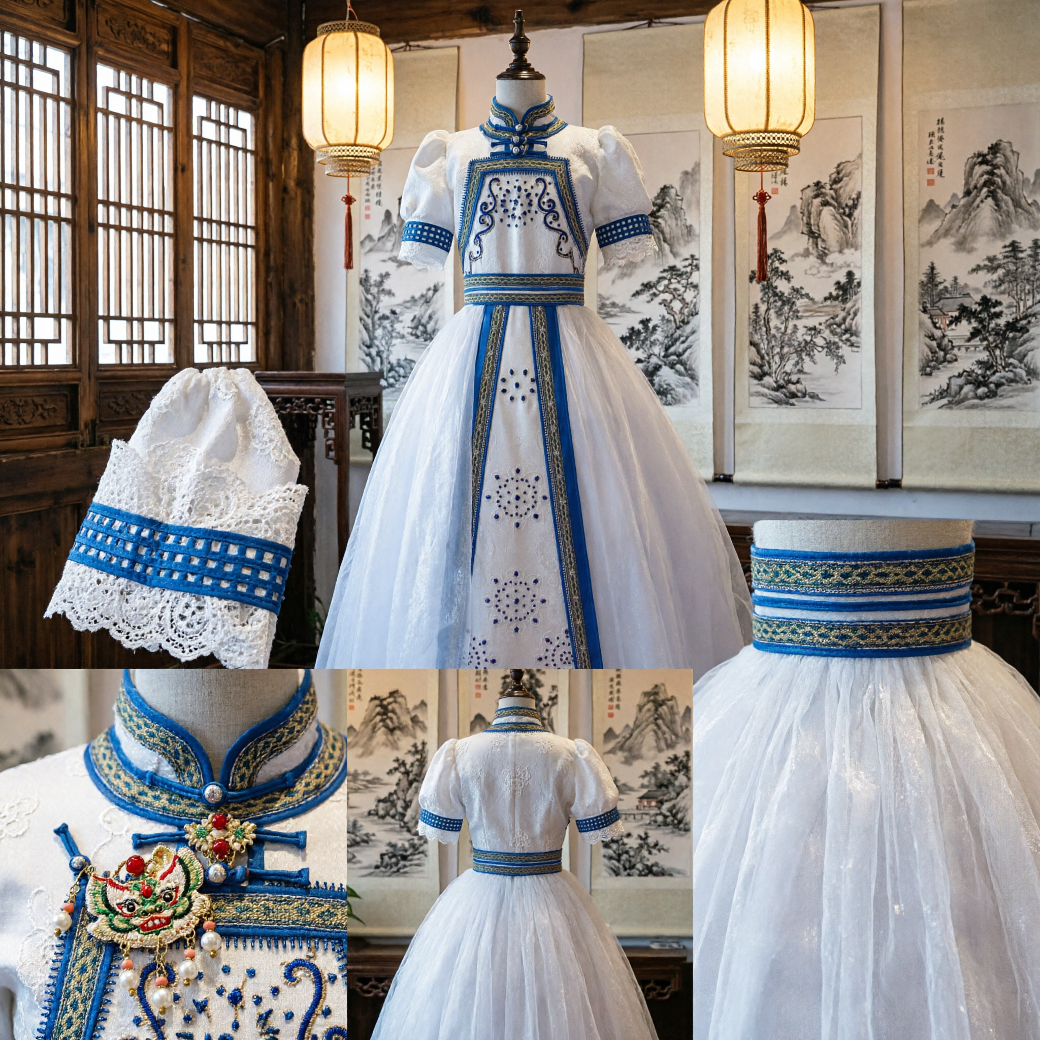 Traje Folclórico Tradicional Russo Vestido Bordado Branco e Azul para Performance Feminina no Palco - Asian Costume