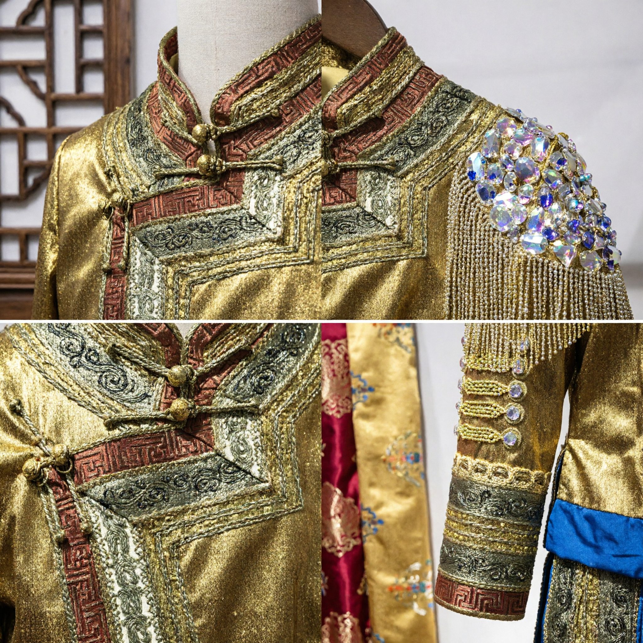 Veste de costume de danse traditionnel chinois mongol doré pour hommes, haut brodé avec strass pour performance scénique - Asian Costume