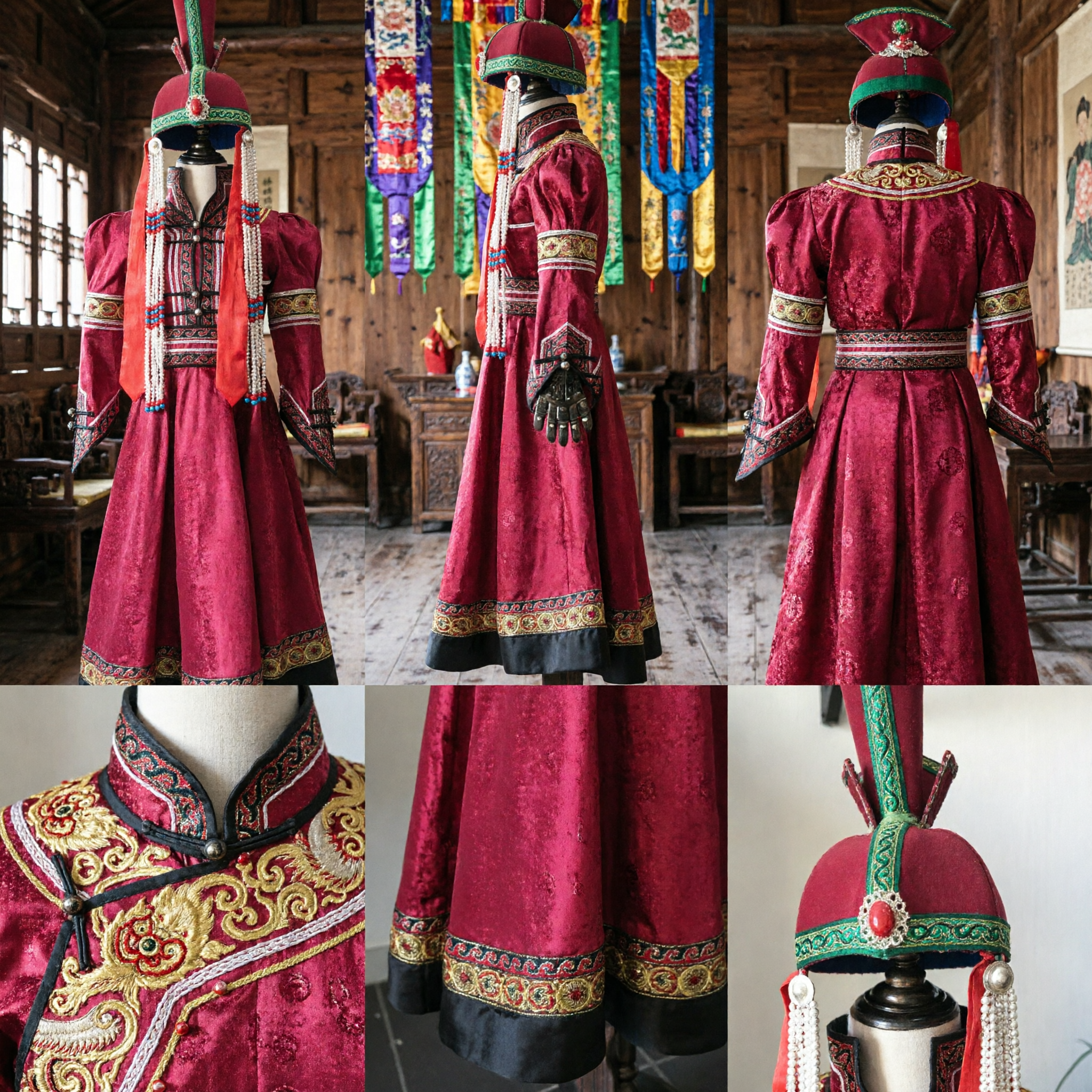 Costume tradizionale cinese per Danza Mongola Veste rossa ricamata e Cappello con perline per Donne per Spettacolo Folkloristico - Asian Costume