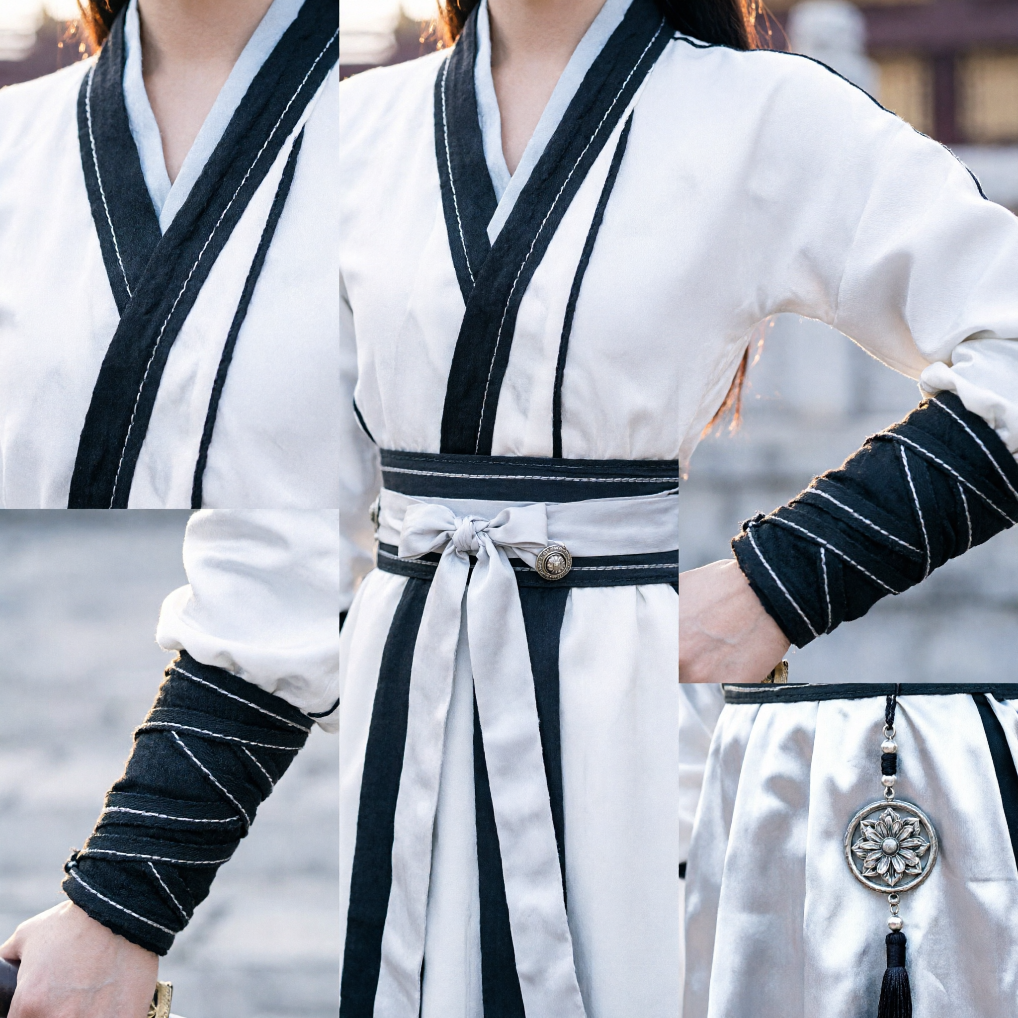 Traje de Espadachina de las Artes Marciales Wuxia China Antigua, Hanfu Blanco con Ribete Negro para Cosplay - Asian Costume