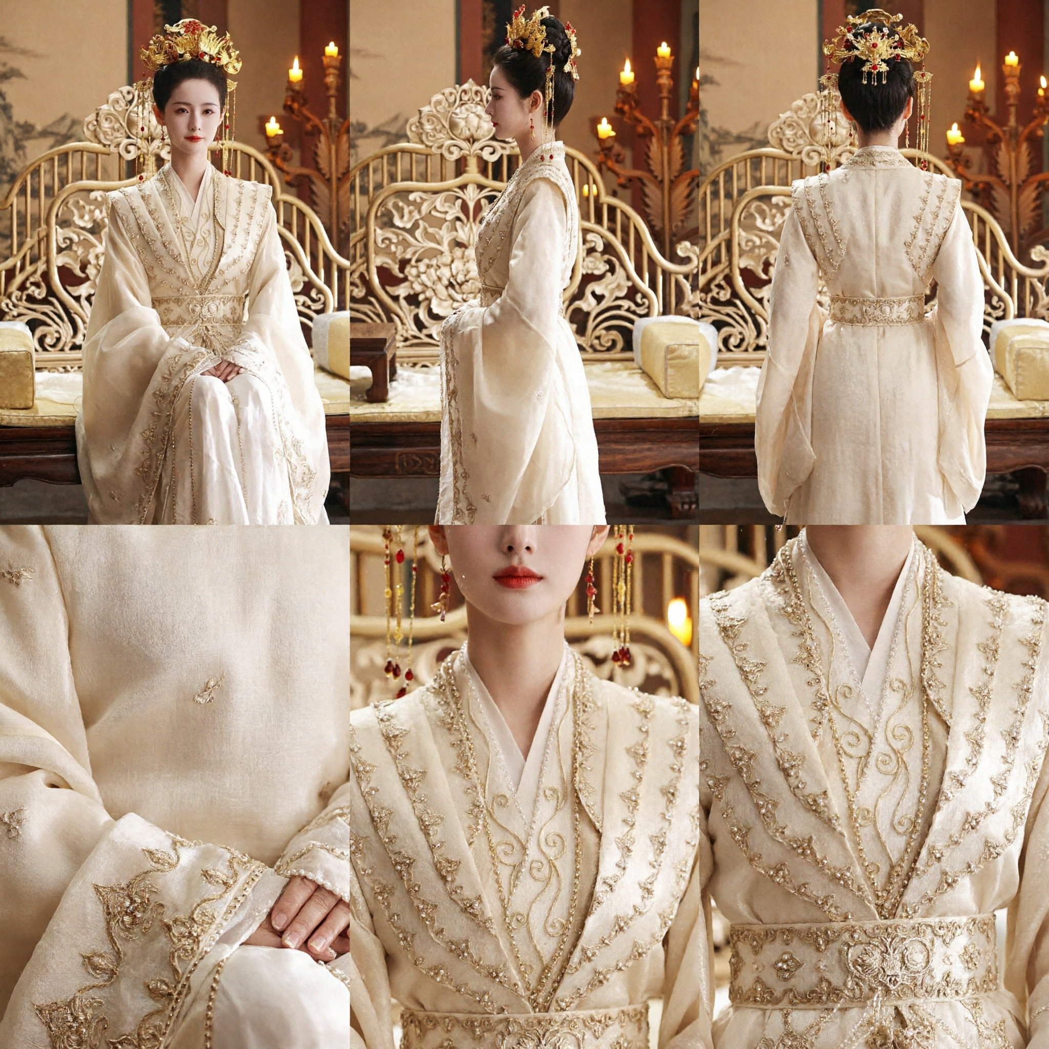 Elegante Traje de Imperatriz da China Antiga Hanfu Robe Real Creme com Bordados Dourados para Cosplay e Performance Feminina - Asian Costume