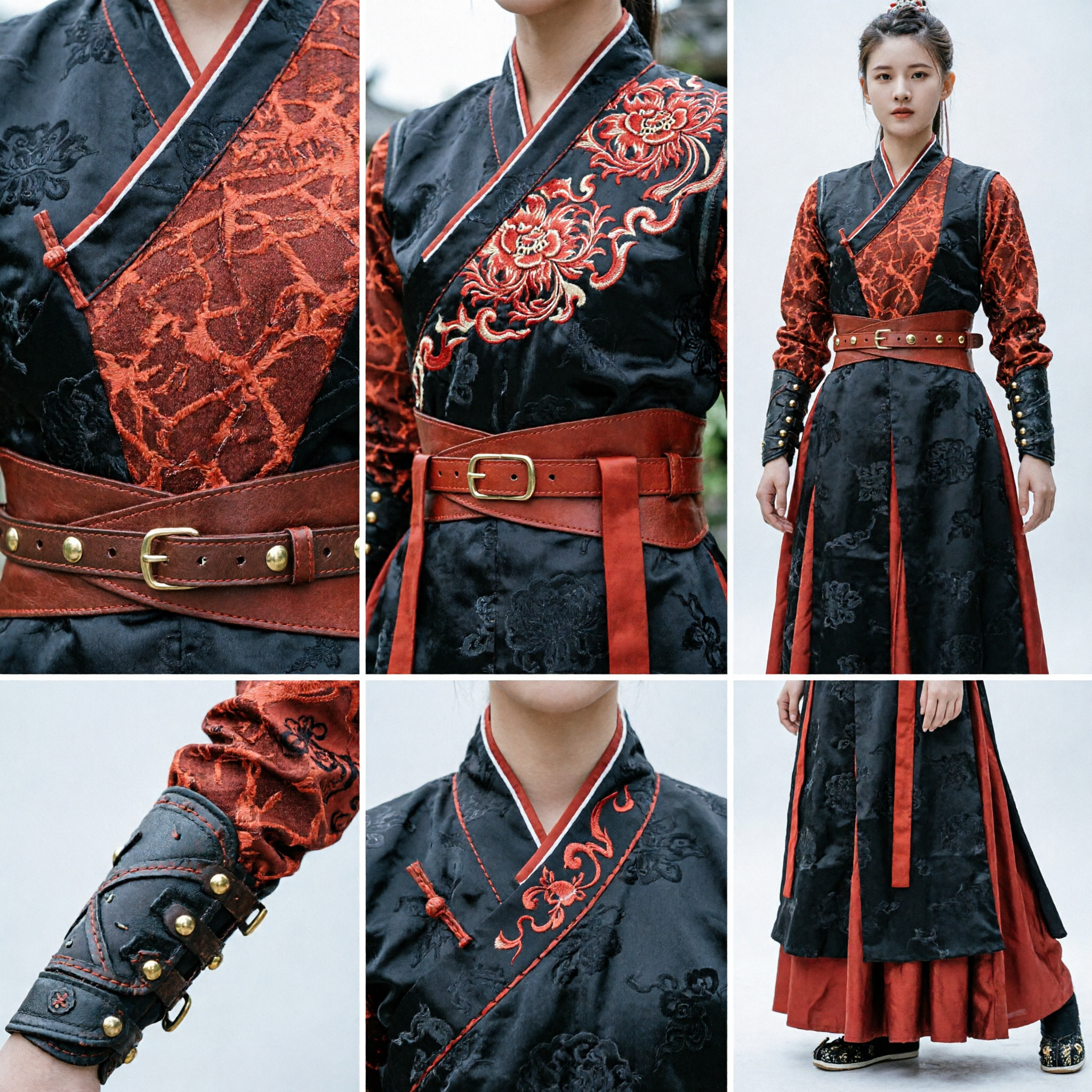 Traditionele Chinese Wuxia zwaardvechtster kostuum, rood en zwart oude krijger Hanfu-jurk voor vrouwen cosplay - Asian Costume
