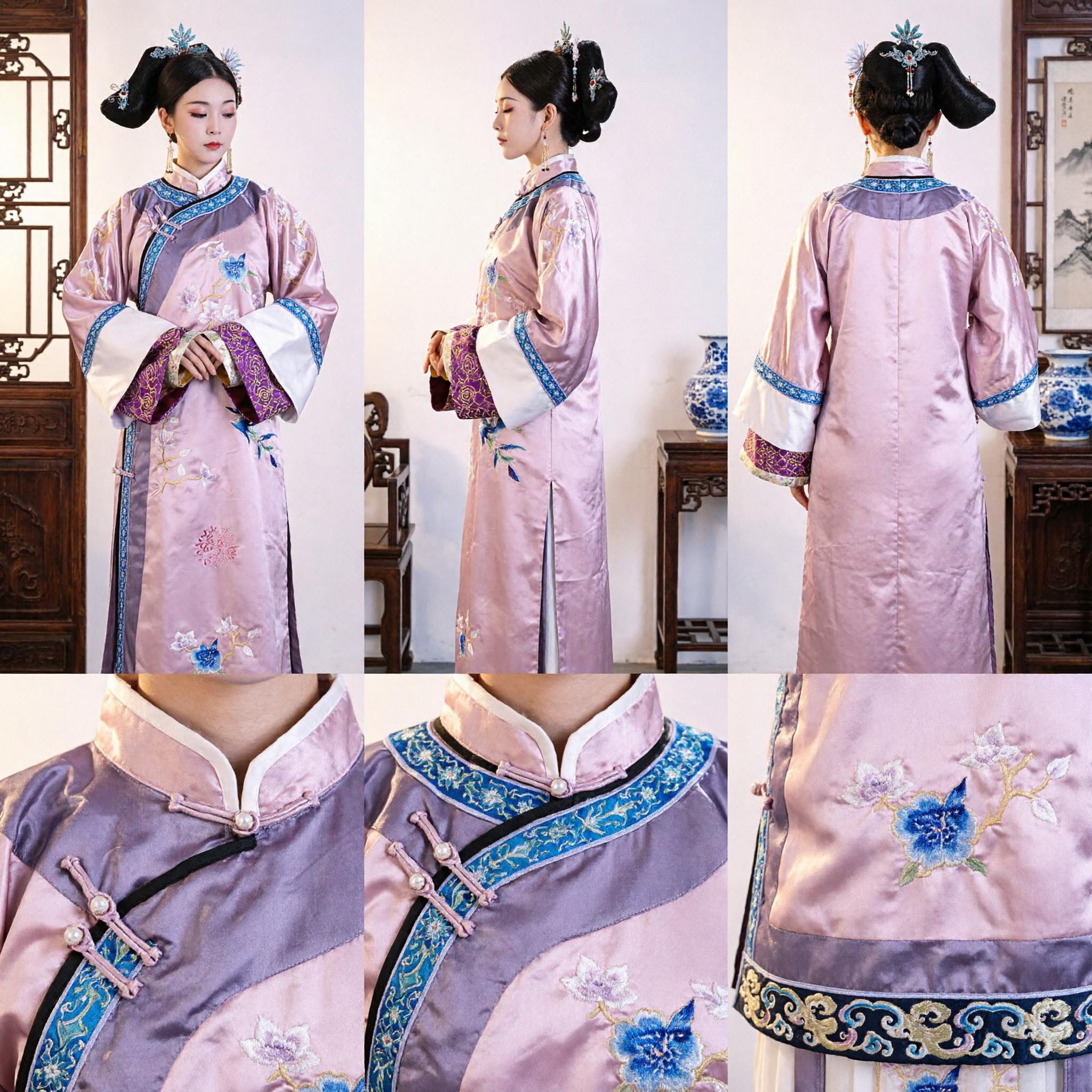 Traditionelles chinesisches Qing-Dynastie-Palastdamenkostüm - Rosa besticktes Gewand, antikes Cosplay-Auftrittskleid für Damen - Asian Costume