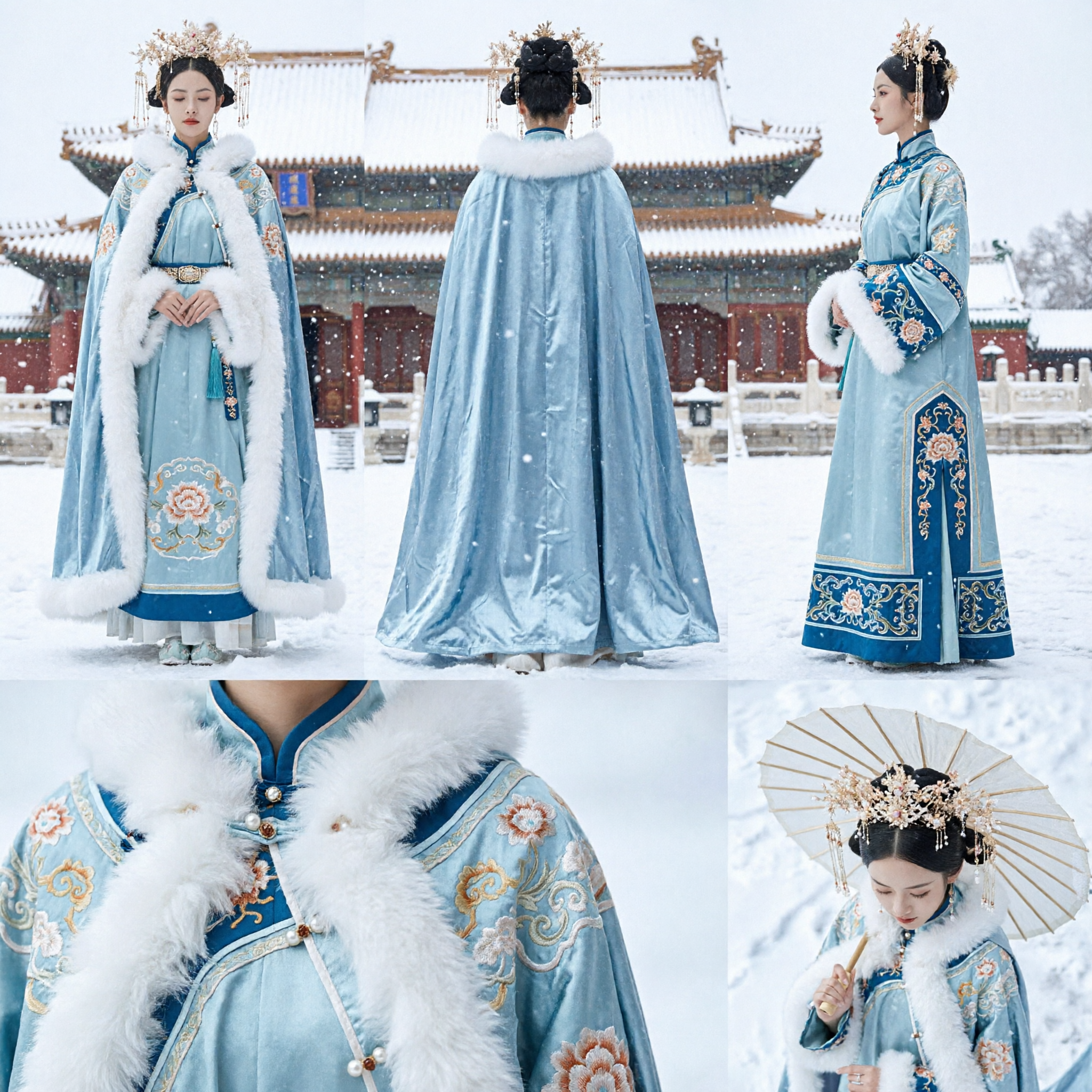 Elegante mantello invernale Hanfu blu con bordi in pelliccia bianca, costume da antica dama di palazzo cinese per donne - Asian Costume