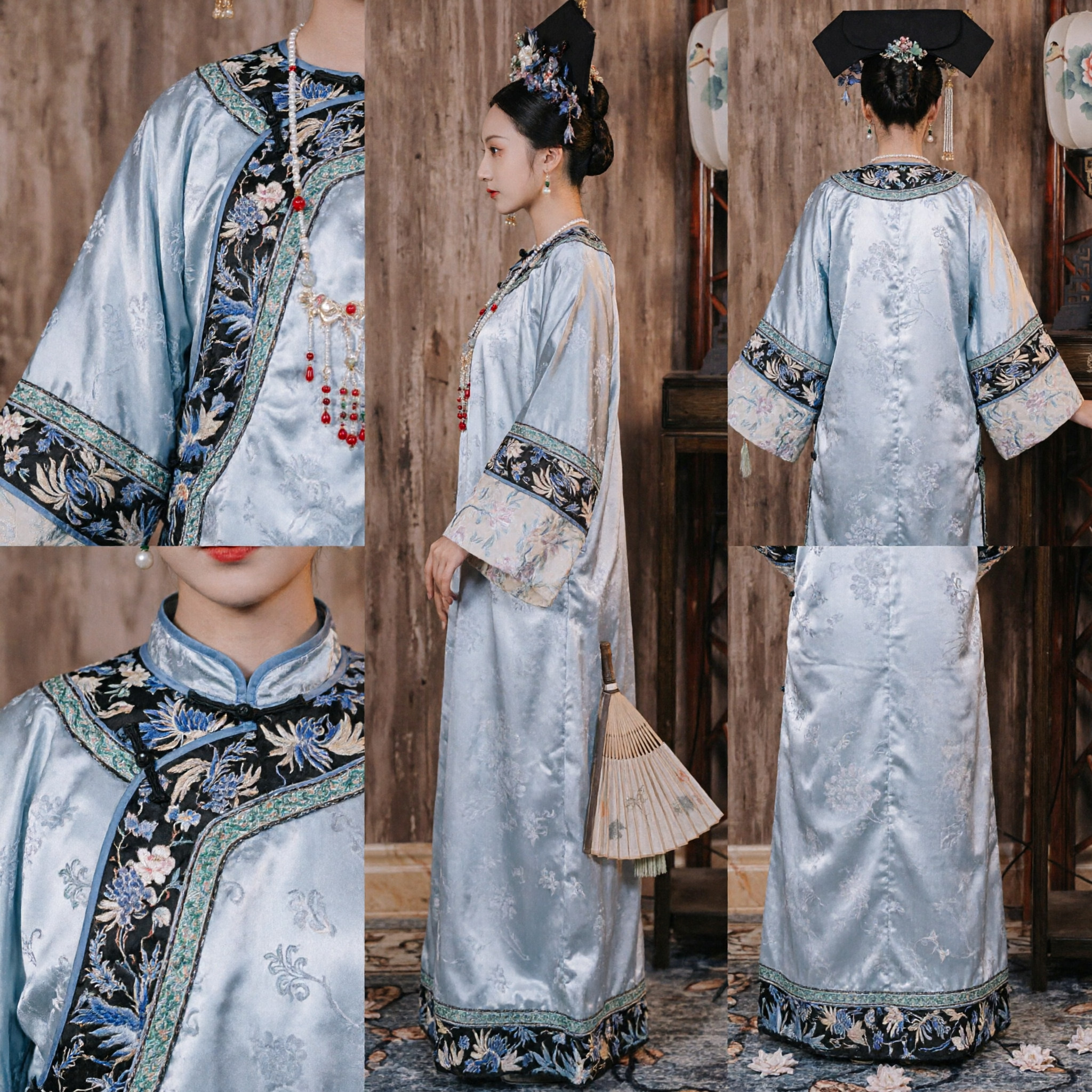 Elegante Traje Azul Claro de Princesa Manchu da Dinastia Qing Robe Tradicional Chinês Antigo do Palácio Bordado para Mulheres - Asian Costume